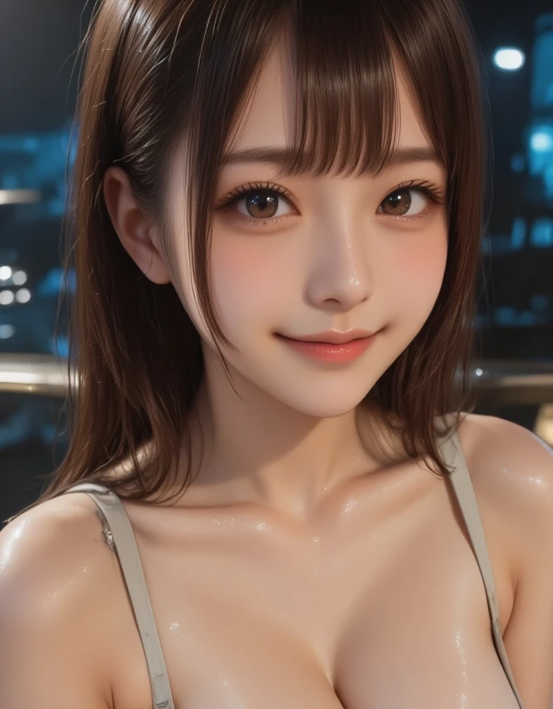 1 japanese girl,(Swimwear:1.4),(Bursting huge breasts:1.4)、 (Raw photo, Best Quality), (Realistic, Photorealsitic:1.4), masterpiece, extremely delicate and beautiful, Extremely detailed, 8k wallpaper, amazing, finely detail, extremely detailed CG Unity, hight resolution, Soft light, Beautiful detailed 17 year old girl, extremely detailed eye and face, beautiful detailed nose, Beautiful detailed eyes,Cinematic lighting,city light at night,Perfect Anatomy,Model body,Smiling, (hair messy, asymmetrical bangs, light brown hair,),Cowboy Shot、