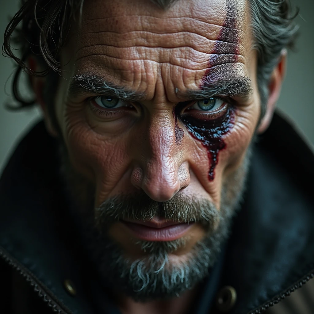 Make a man with a bloody face with a straight face