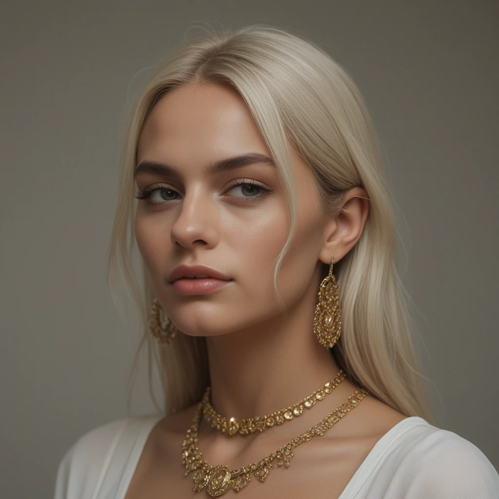 face close up, blonde hair, French braid on hair, lock of hair, hair is falling, white and gold, filigree, necklace, earrings, full lips, mouthful, thin lips, thick mouth, Plump lips, plump mouth,, without sleeves, NECKLACE, mature девушка, 1 girl, big tits, massive , huge ,, super tight, mega tight, on the knees, thin top, see through the top,Wasp waist, erotic pose