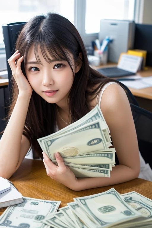 high quality, detailed, A girl is counting a stack of bills in her hand,The girl is sitting on the bed,(the girl is very beautiful and very cute),(13 years old),((the girl is completely unclad)),