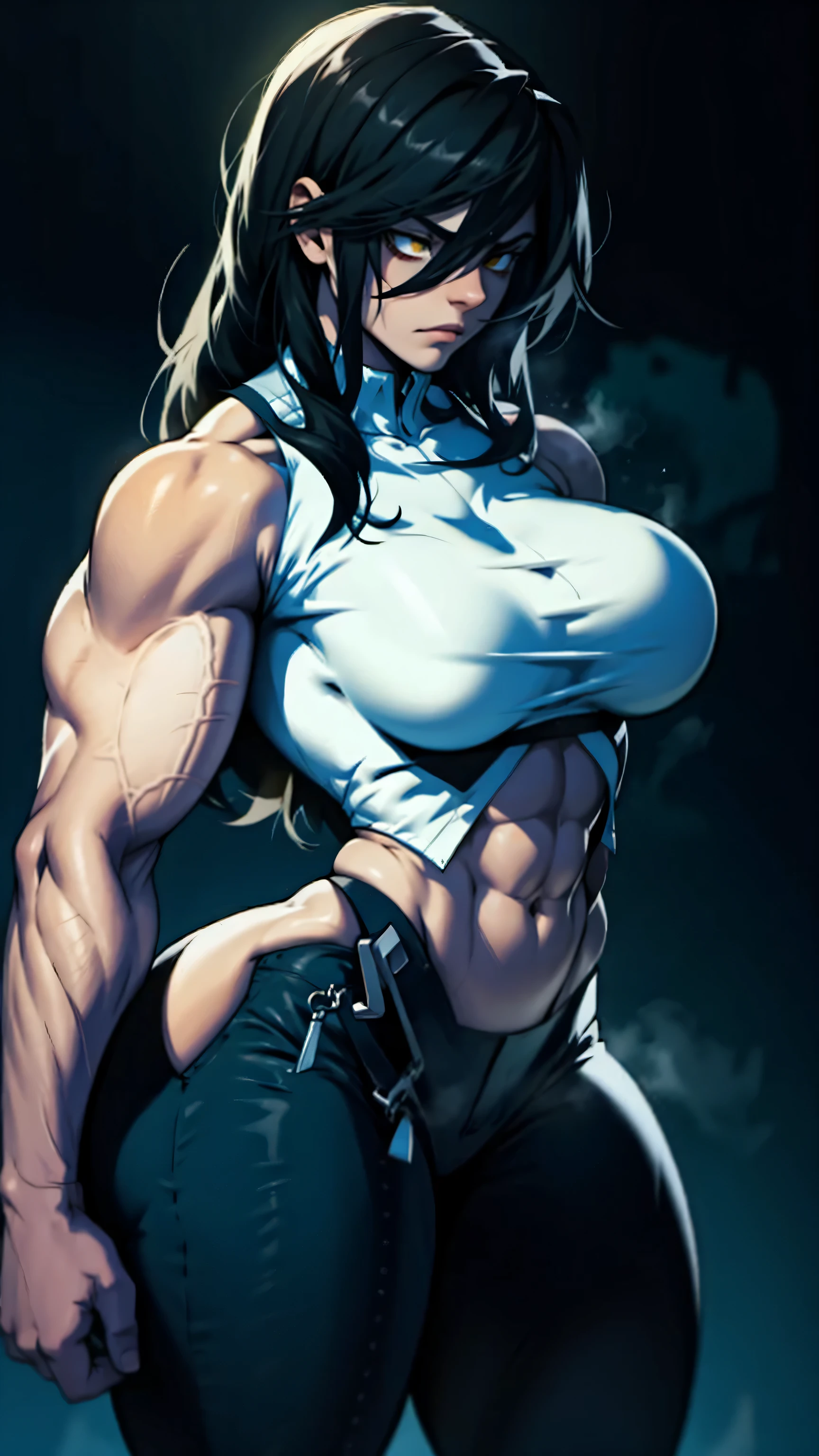 empty eyes embarrassed girl female huge breasts breasts pale skin 1girl muscular toned body huge breasts thick thighs black hair yellow eyes bodybuilder