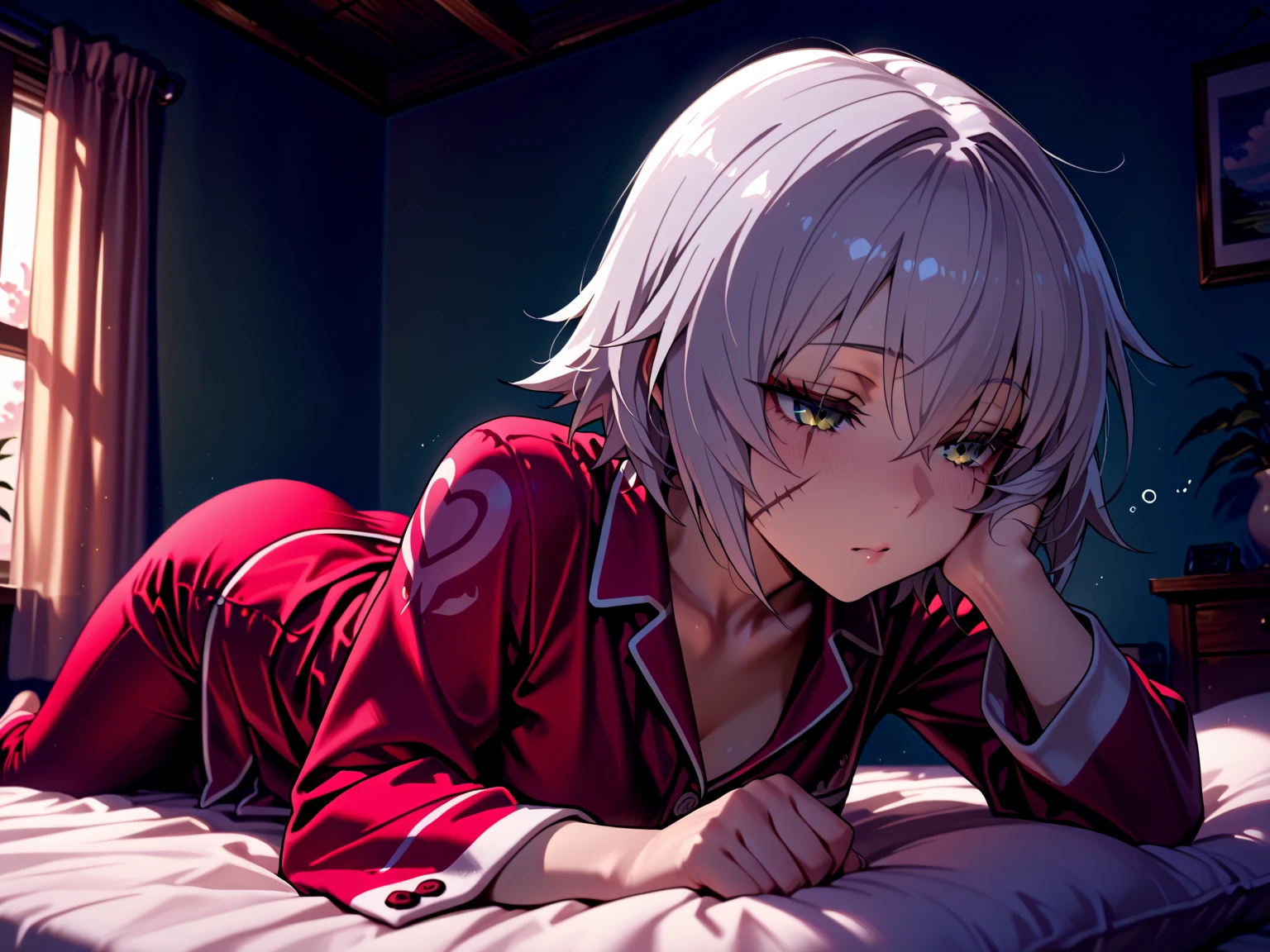 Girl,Bare legs,White hair and red eyes,,cute,Lying on the bed