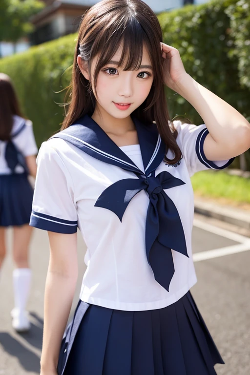 (masterpiece, highest quality:1.2), 8k, official art, RAW photo, incredibly absurd, ( sailor suit, serafuku:1.4), amazing beautiful girl, amazingly cute face, (navy pleated skirt:1.1), close, school uniform, short sleeve, gardenia, violaces, teen, street, looking at the viewer with a smile, no makeup, film grain, chromatic aberration, sharp focus, face light, dynamic lighting, cinematic lighting, detailed eyes and face,short hair、(((white skin without moles)))、 background bokeh、super slim thighs、((Erotic Panties are showing through、beautiful pussy line))、(High twin tails with ribbons:1.4),,((((A very young looking girl:1.3))))、(very young with big breasts:1.2)