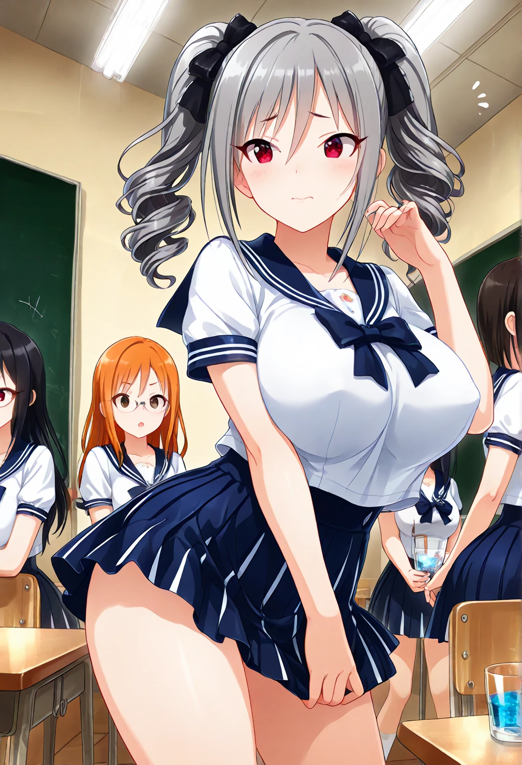 2 girls ,(Yukinoshita Yukino is medium breasted), (Yuigahama Yui has big breasts), ,classroom,lily,Completely naked,nipple,(pussy),urethra,Uterus,(clitoris),Cook,thighs,knees,,facing the front,NSFW,looking at camera,high angle,smile