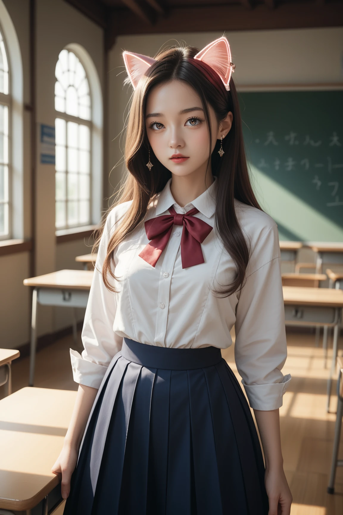Best Quality Detail:1.2, realisitic, 8K UHD, hight resolution, 1girl in:1.2, The ultra-detailliert, High quality textures, intricate detailes, detaileds, Very detailed CG, High quality shadows, Detail Beautiful delicate face, Detail Beautiful delicate eyes, depth of fields, Ray traching, Women over 24 years old, Pretty Kpop Girl, Korean Urzan Face:1.1, Slender face, The subject is close、ulzzang -6500-v1.1:0.6, pureerosface_v1, gloweyes, teak, Glossy lips, perfectbody、((Wearing a high school uniform))、Very very cute face,(YDark blue mini pleated skirt on shirt、Underwear under clothes、、panties on)、fascination pose、Sitting on a chair、Holding one leg with his hand、、((The wind flips up her skirt、Exposing her panties.:1.2,)),Crisp focus:1.2,Cute woman with perfect body shape:1.4,The best smile,,Cameltoe、Photorealsitic:1.4, ultra-detailliert, photos realistic, Full Color RAW Photos, Fuji Film(Medium format:1.2), Hasselblad:1.2, Carl zeiss:1.1, Incredible dynamic range photography(UTIL_Art by Smoose-768:1.1), hight resolution, High pixel count, clear details, crisp image, Natural color reproduction, Noise Reduction, High fidelity, qulity, Software Improvements, Upscaling, Optimized algorithms, Pro-level retouching、(((school classrooms)))