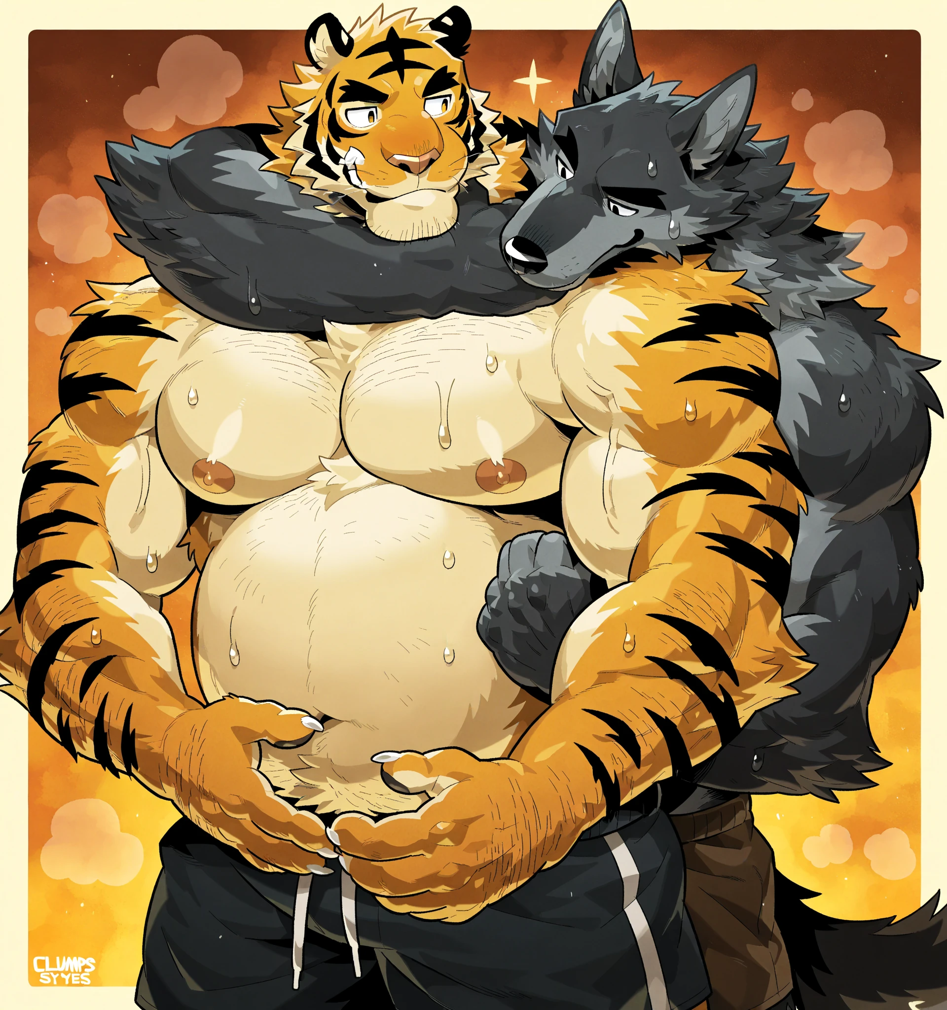 (by feralise, by taran fiddler)(simple shading), male, two tiger, two characters, sitting on bed, rubbing belly (touching belly:1.3), wearing spiked collar, showing off belly, athletic body ((correct anatomy:1.3)), bulky, round bloated belly (with some muscle), muscle gut, bulge, black thong underwear, bedroom enviroment (bed)