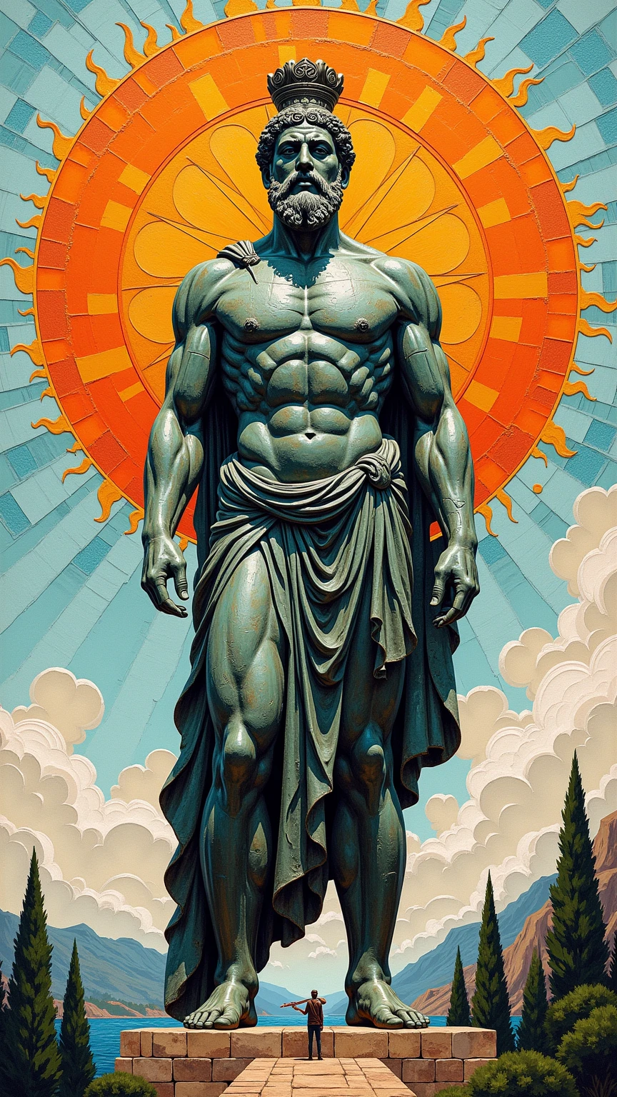 Une sculpture grecque masculine géante avec une toge qui tient dans sa main la planète Terre et elle déverse une pincé de sel avec son autre main.Dans l'espace avec des étoiles etc...
La statue a des yeux jaunes brillants et est menaçante