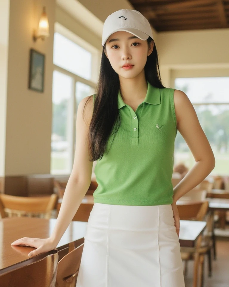 (Masterpiece:1.3), (8K, Photorealistic, RAW Photography, Best Quality: 1.4), Japan Girl, Beautiful Face, (Realistic Face), (Short Hair:1.3), Beautiful Hairstyle, Realistic Eyes, Beautiful Detail Eyes, (Realistic Skin), Beautiful Skin, Attractive, Ultra High Definition, Ultra Realistic, High Detail, Golden Ratio, (Fatal Face: 1.2), Look at the Beholder,Smile, Dark green polo shirt with open chest, middle chest, knee up, background of supermarket shelves, lower body wearing only white underwear, baby face, smile,