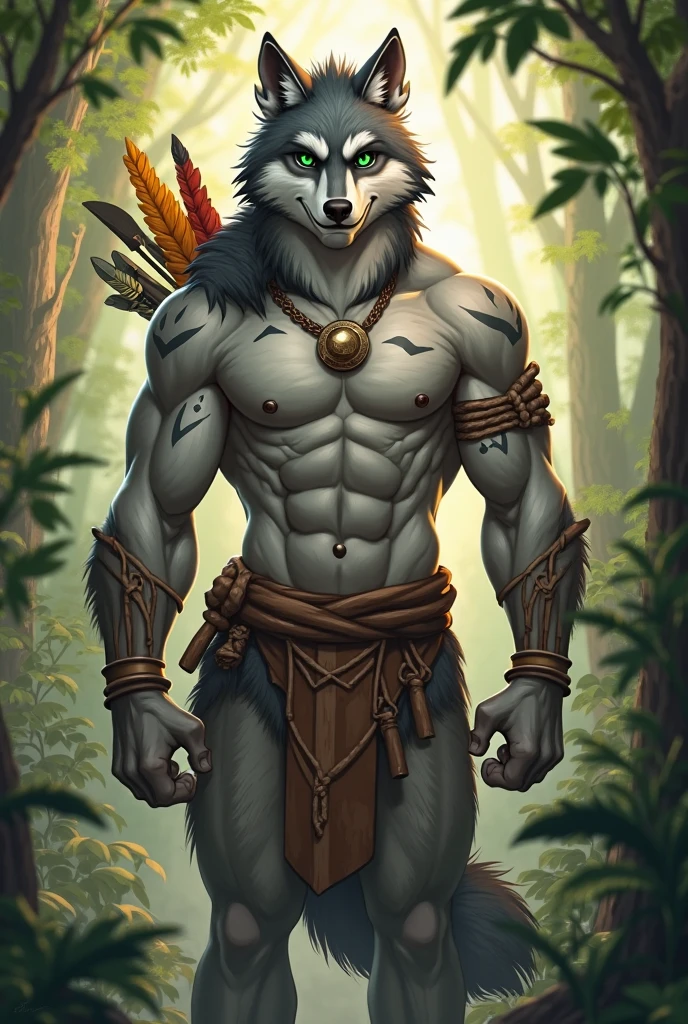 Anthropomorphic Gray Wolf，character setting，Dark color scheme，The face is more human-like，Smile，White loincloth