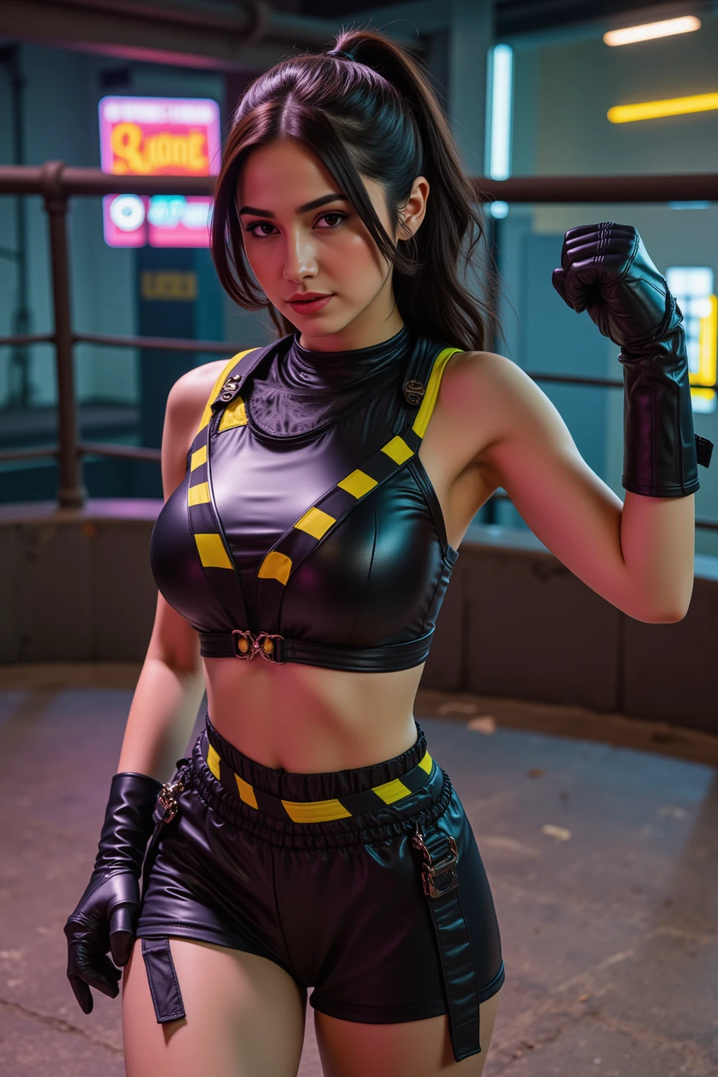 (8K, Best Quality, Masterpiece:1.2), (Realistic, Photorealistic:1.37), Ultra Detail, 1 Girl,Cute, Solo, (Tipha Lockhart), (Big Tifa),(Beautiful Detailed Eyes), (Smile:1.2), (Closed Mouth), Erotic Pose, Dance, Neon Lights, Cityscape, Depth of Field, Dark Strong Shadows, Sharp Focus, Car, Motion Blur, Motorbike, depth of field, good composition, glowing green, final fantasy vii, date,(blush), single elbow pads, ankle boots, black hair, black thighs, red boots, elbow gloves, elbow pads, fingerless gloves, taut shirt, sports bra, (suspenders black skirt), thighs, white tank top, full body, headrest, lips, pretty face, long low tie hair, (((red_ eyes)), yellow flowers, (night: 1.3), complex, bokeh, cinematic lighting, photon mapping, radiosity, physically based rendering, (Tetsuya Nomura style), perfect breasts