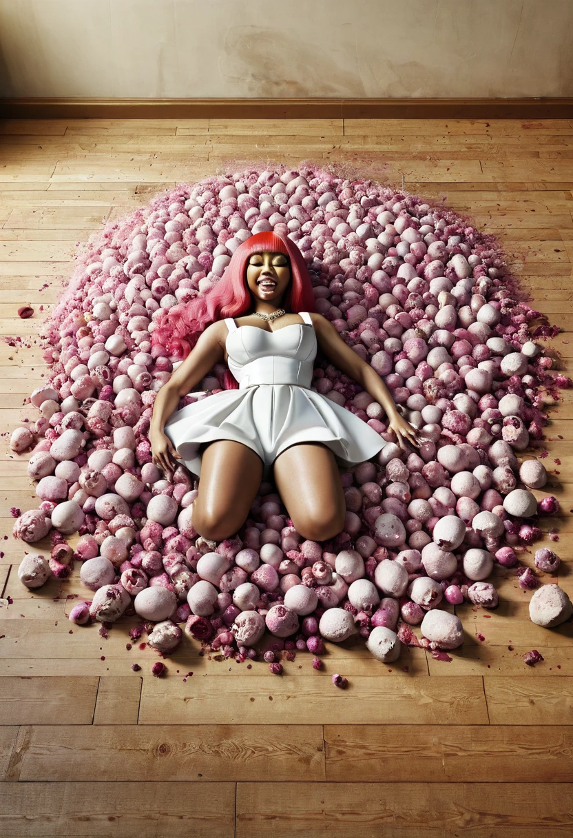 advertising poster, Promotional Photo of the Single Pop Rap CALIFORNIA GIRLS by the artist called Doja Cat, in the pink clouds dressed in bikinis, spread across the image various sweets, candies, lollipops, jellies, hair down to the feet, big ass, perfect body, landscape fantastic,