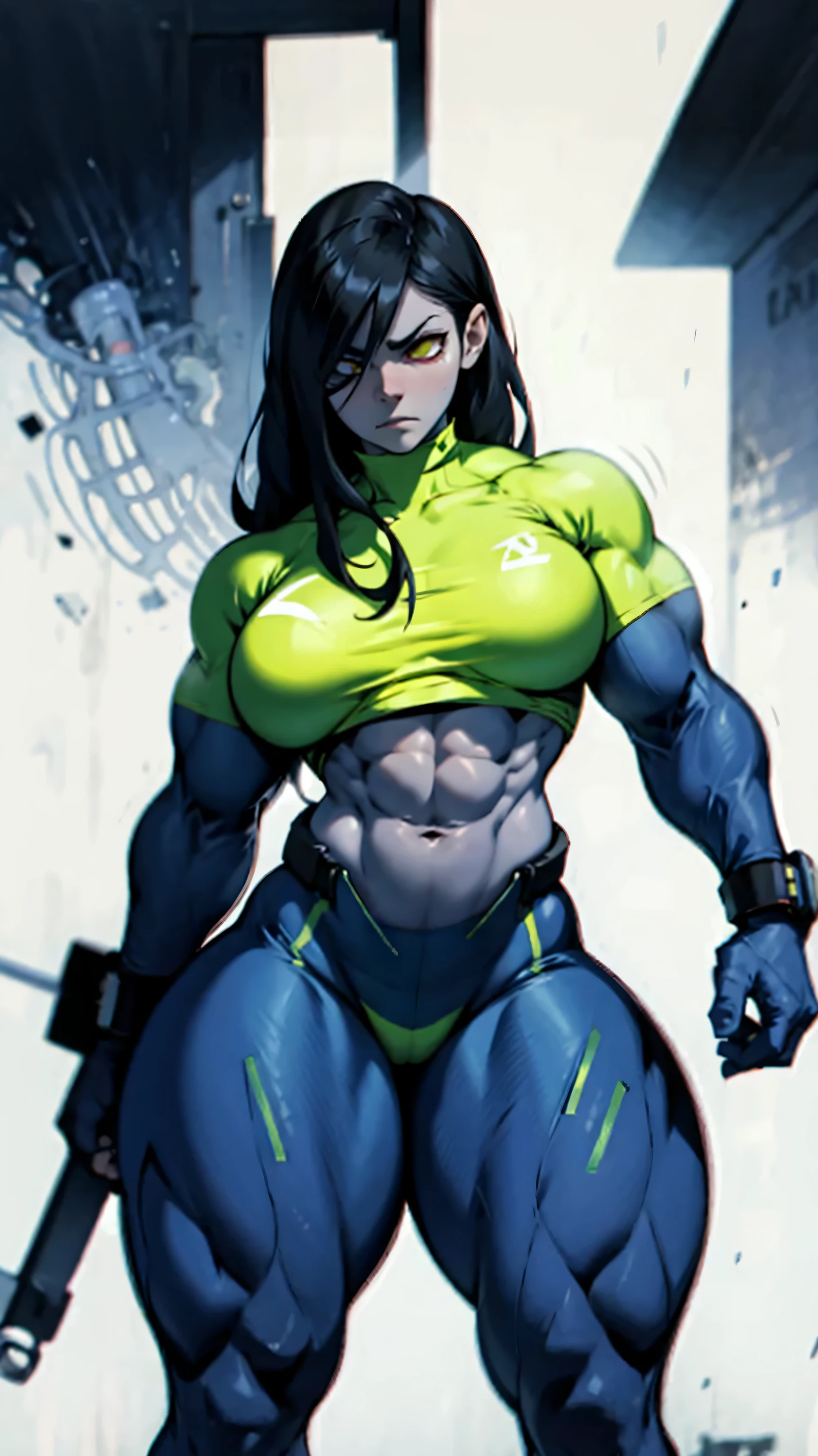 grey background skintight suit 1girl black hair yellow eyes very long hair pale skin angry (bodybuilder huge breasts muscular toned body curvy wide hips thick thighs)
