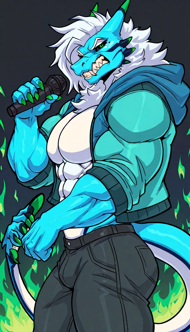 masterpiece, best quality, amazing quality, solo, huge muscles, very big strong, serratus, obliques, 1boy, RetrospecterFNF, furry male, demon, unsual tail, dragon, horns, white hair, blue body green eyes, male, hood, white body, black sclera, multicolored body, jacket, pants, happy, looking at viewer, male, looking at viewer, (Cowboy shot), (mad, angry, disappoint expression), holding a microphone, green flames background, ((advanced background)), (right-side view), (Dynamic pose, 4K, HDR, vibrant color, dynamic color, better contrast, muscular male, male, sharp teeth, looking at viewers, hyper muscular).