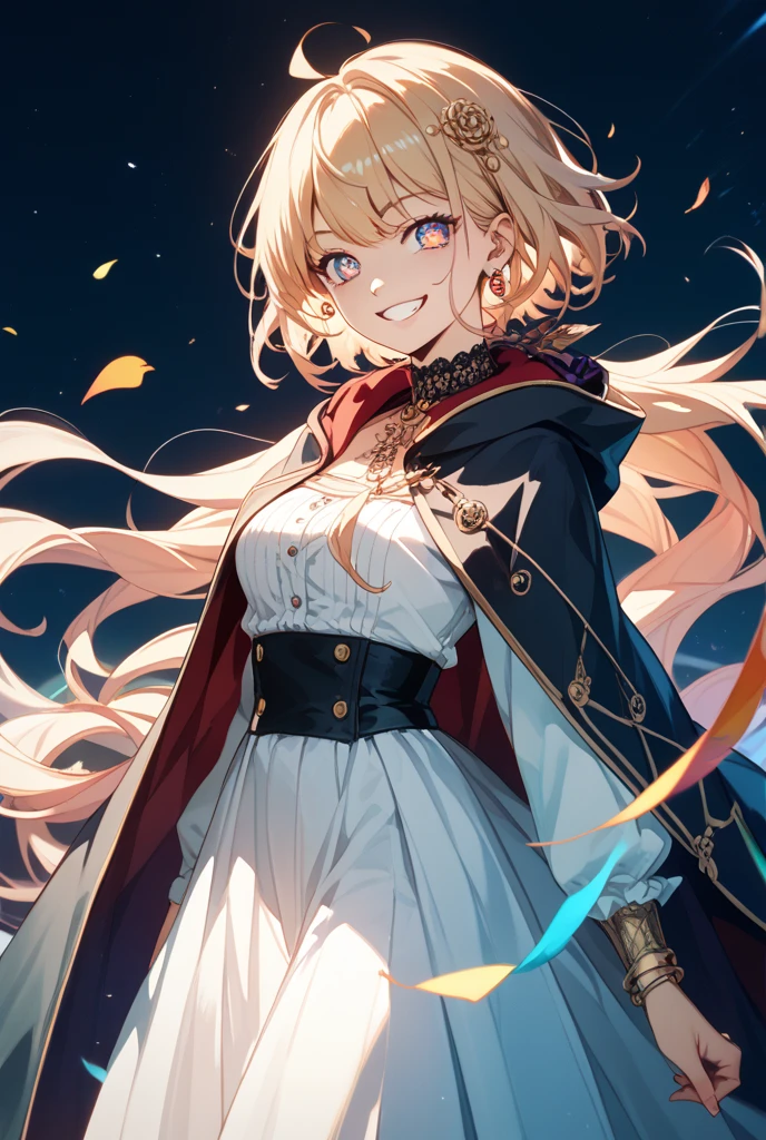 cape、Sunset sunlight、A woman with a gentle expression looking up at the sky and remembering happy memories, ((Place your hands on your chest)), hoodie, Vision, Cinematic Plan