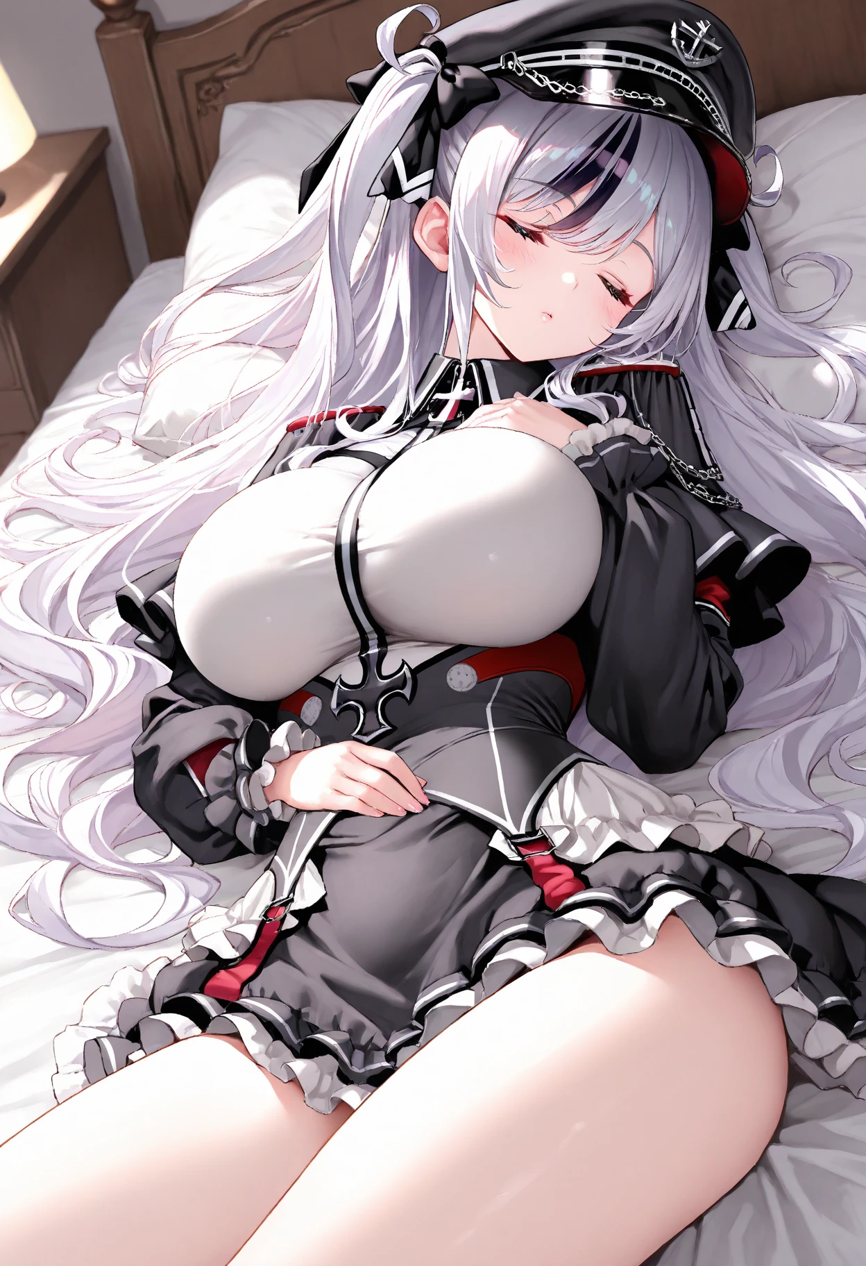Browsing Caution, Kurumi Tokizaki, Sleep in bed,Long Hair, Silver Hair,Twin tails, hair band, Heterochromia iridis, (Super huge breasts,) Red ribbon,Cleavage, Black choker, Expose your shoulders, Gothic, Red dress, Red Bow, Removable sleeves, Showing nipples,Show your chest, (hooded clothing)、blush、medieval style mansion、Very detailed、High resolution、4K、masterpiece、High resolution、(Eyes half closed:1.3)、(Sweaty:1.3)、(Press one&#39;Push your groin forward),((Multiple hands,A large number of hands,Multiple hands)),A hand touching a nipple,Fingers pinching a nipple,Hands kneading breasts