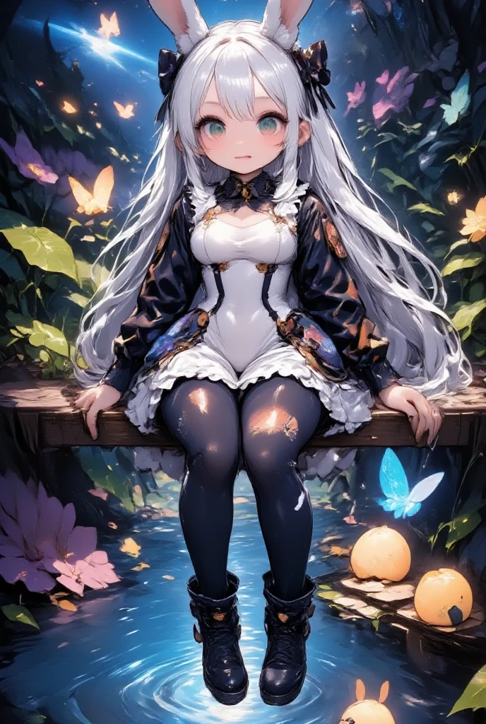 front view, masterpiece, 1girl, glister hair, big eyes,((showing pussy)), armpit, dancing, sweat, wet, see-through, ((silver hair)), armpit through shirt sleeve, no bra, very loose shirt, white shirt, plead skirt, highly detailed face, highest detailed CG, perfect figure, perfect ???????, medium breasts, slim, 14 years old, solo, 1 girl, beach, mini skirt, full eye open, bangs, arm raiser, peace sign, knee closed, leg close, Elaina, elaina \(majo no tabitabi\), black_headwear, black_robe, bow, bowtie, collared_shirt, hat, hooded_robe, long_hair, long_sleeves, open_clothes, open_robe, ribbon, robe, shirt, white_shirt, witch, witch_hat, yellow_bow, yellow_bowtie, yellow_ribbon,