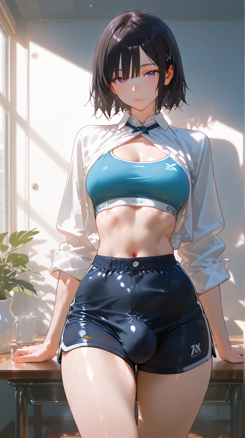 absurdres, RAW photo, extremely delicate and beautiful, masterpiece, Best Quality, ultra high resolution, 32k, hyperrealistic, ultra-detailed, perfect figure, tearful mole, earring, whole body shot, big breast, short medium hair, wavy hair, tracksuit, midriff, 