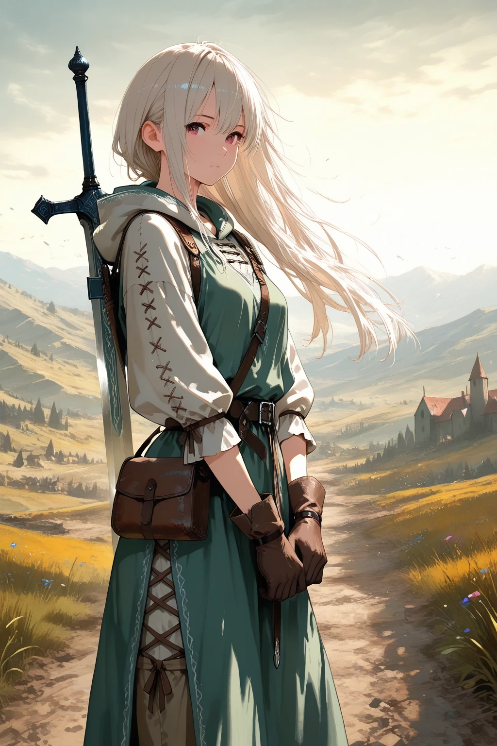 傑作, 8k, fantasy world, female character, 1girl, high detailed black cotton tunic, (wind blows), wide pants, glove, boots, slender body, medium chest, white long with hoodie, long hairstyle, thin blond hair, many items, cinematic lighting, dramatic atmosphere, intricate details, vivid colors, fantasy landscape, medieval Wasteland, digital art, equip a long sword on back, hip bag, pigeon toed, looking at viewer, morning, cowboy shot, from side,