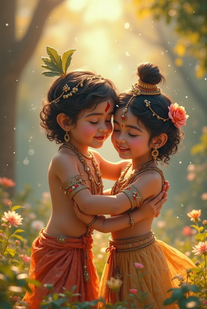 Goddess Radha and Lord Krishna as childs playing in the garden , Indian God, 8K render, facing towards the viewers