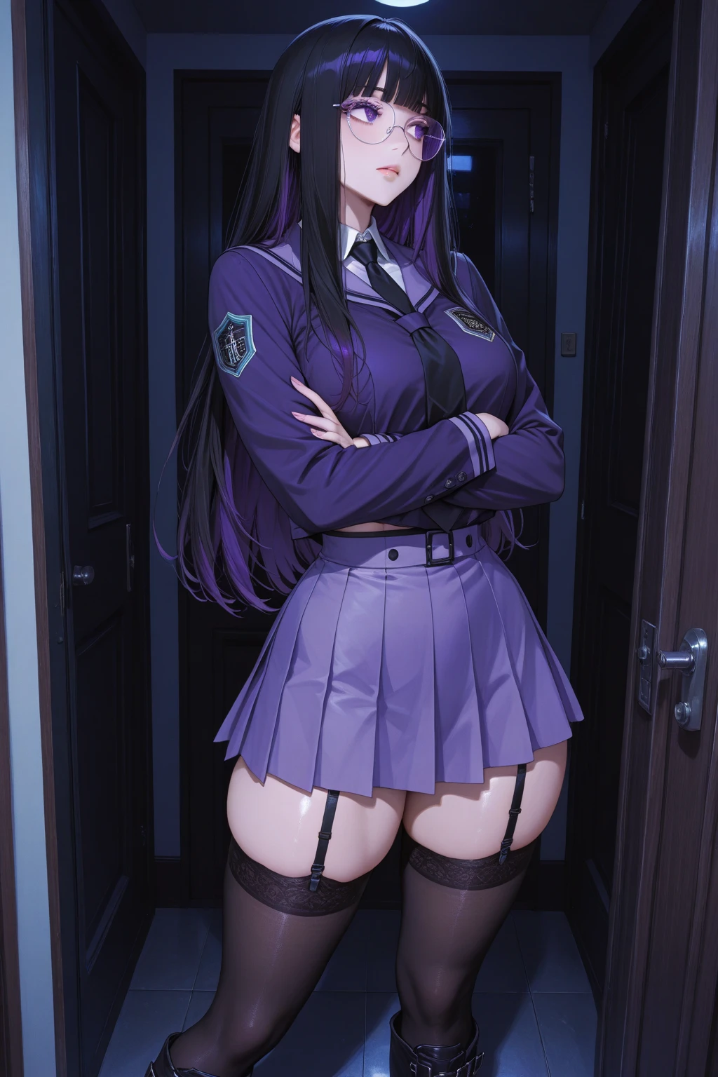 (((Spread your legs)))、Glasses、Uniform Blazer、Beautiful beauty、Long purple hair、((whole body))、(((Photo taken from below)))、school gate、Big Breastini skirt、Panties are black lace
