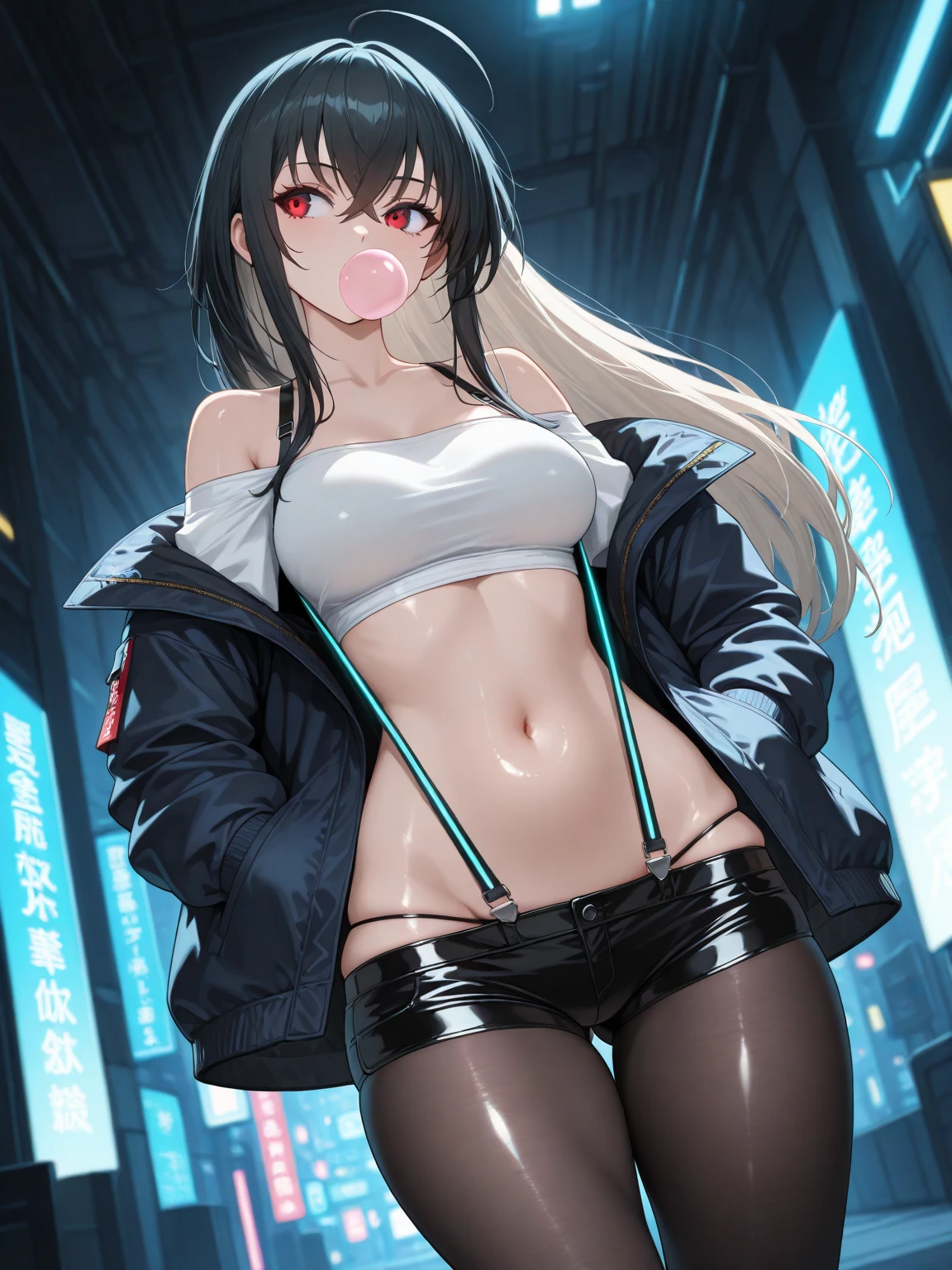 score_9, score_8_up, score_7_up, score_6_up, uncensored, Yukinoshita Yukino, absurdly long hair, blue eyes, black hair, very long hair, lips, shiny skin, sweating, wet, wet hair, steaming body, heavy breathing, large breasts, detailed body, detailed eyes, moaning face, ahegao, o-face, saliva, (small breasts:1.3), BREAK (masterpiece:1.2), best quality, high resolution, unity 8k wallpaper, (illustration:0.8), (beautiful detailed eyes:1.6), extremely detailed face, perfect lighting, extremely detailed CG, (perfect hands, perfect anatomy), shorts, jacket, ribbon, cleavage, solo, looking_at_viewer, wet, off_shoulder, bare_shoulders, navel, wet_clothes, short_shorts, thigh_strap, open_clothes, hands_in_pockets, midriff, black_shorts, standing, open_jacket, collarbone, outdoors, clothes_writing, (bokeh:1.3), backlighting,