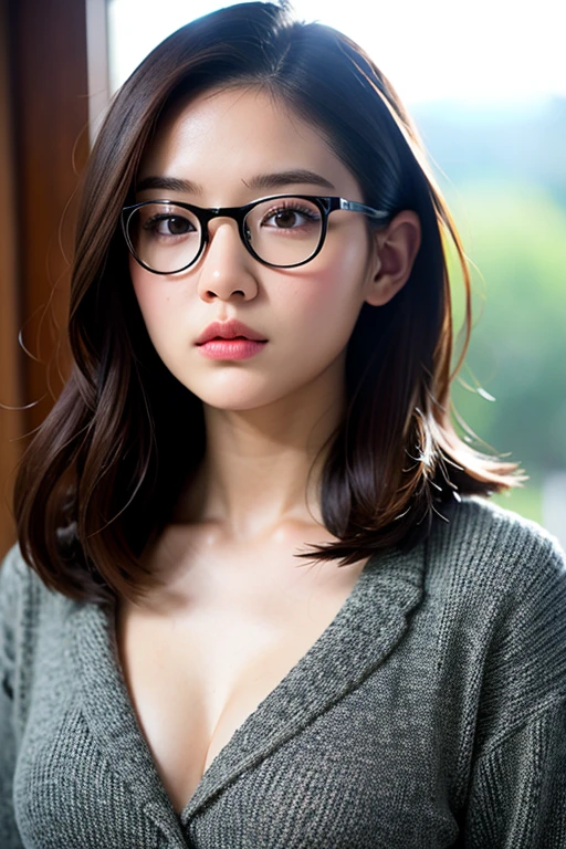 ((best quality)), ((masterpiece)), (detailed), 1girl, white skin, glasses, brown eyes, medium breasts, portrait photo, asian face, layer hair, sexy, tank top, realistic, facing forward, long layers, korean waves, side bangs
