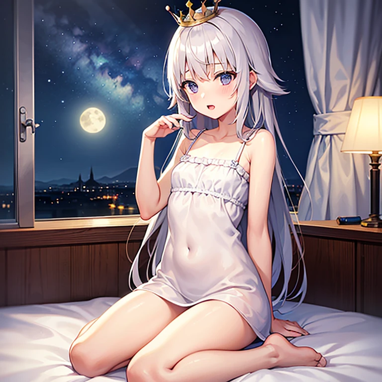 one pregnant anime girl with white hair and red eyes, chained and laying on a bed. Sad. breast feeding