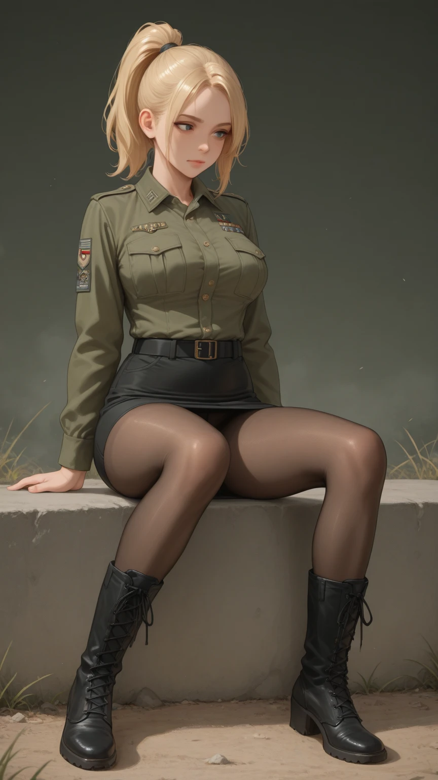 Mature Woman,1 person(((Sexy female soldier))),(((uniform,Tight Skirt,High heels,Fishnet tights,Uniform cap,latex,garter belt))),(Detailed Description, High resolution,8k wallpaper,masterpiece,Highest quality,Depth of region,Anatomically accurate depiction,A face with attention to detail, Eye for detail,Nice hands, Perfect Fingers,eyelash,(Intensely glowing purple eyes,Narrow eyes,Sidelong glance,There is cleavage in the chest,A seductive smile,Large Breasts,Pink Lips,Seductive pose),(Glowing Skin、Shiny skin、Oilskin),Perfect body,Curvy Legs,(whole body),background:base,Dim atmosphere