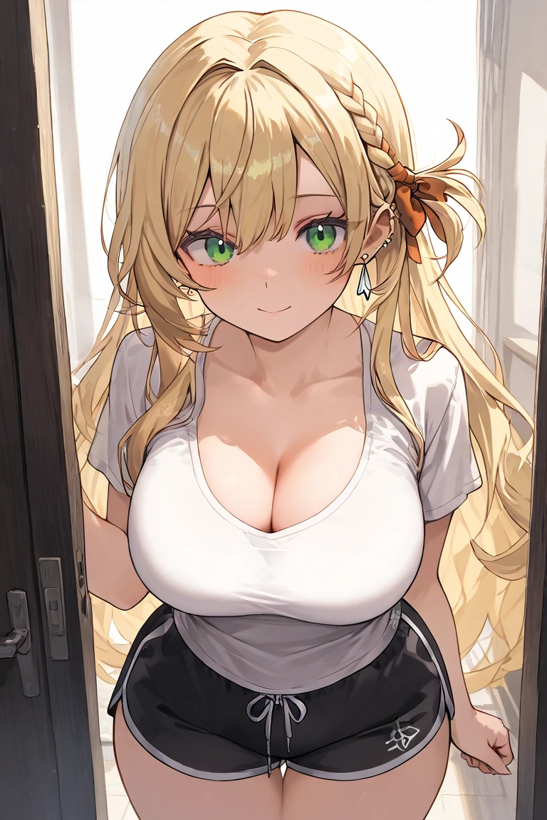 1girl、Light brown hair、Two Side Up、Long Hair、Ahoge、Fluffy hair、Green hair ribbon、Hair clip、smile、Open Mouth、Brown eyes、Big, round eyes、White tank top、Open neck tank top、Neck opened、V、Cleavage、Emphasize the chest、No bra、Her nipples are visible、Green mini skirt、Checkered mini skirt、Thighs、White knee-high socks、On the bed