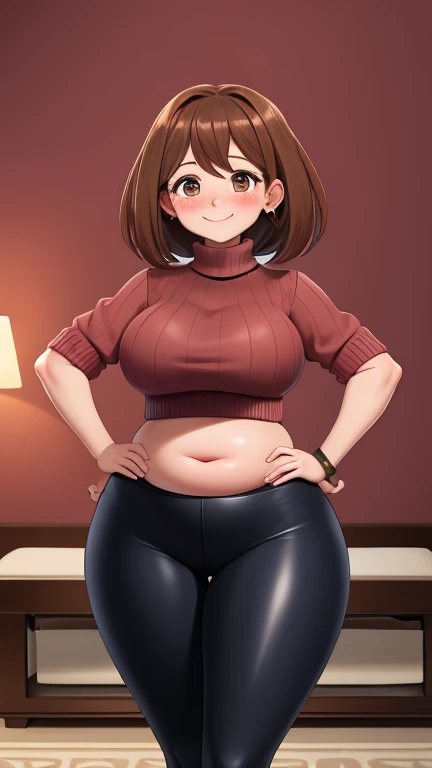 high quality, best quality, beautiful, perfect lighting, detailed face, mature face, ((1girl)), ((solo)), Imagine Ochaco Uraraka as an milf, 45 years old, short brown hair, brown eyes, ((blush)), smile, looking at viewer, black leggings, turtleneck sweater, ((medium breasts), wide hips, thick thighs, plump figure, love handles, muffin-top, round belly, protruding gut, living room, hands on hips,