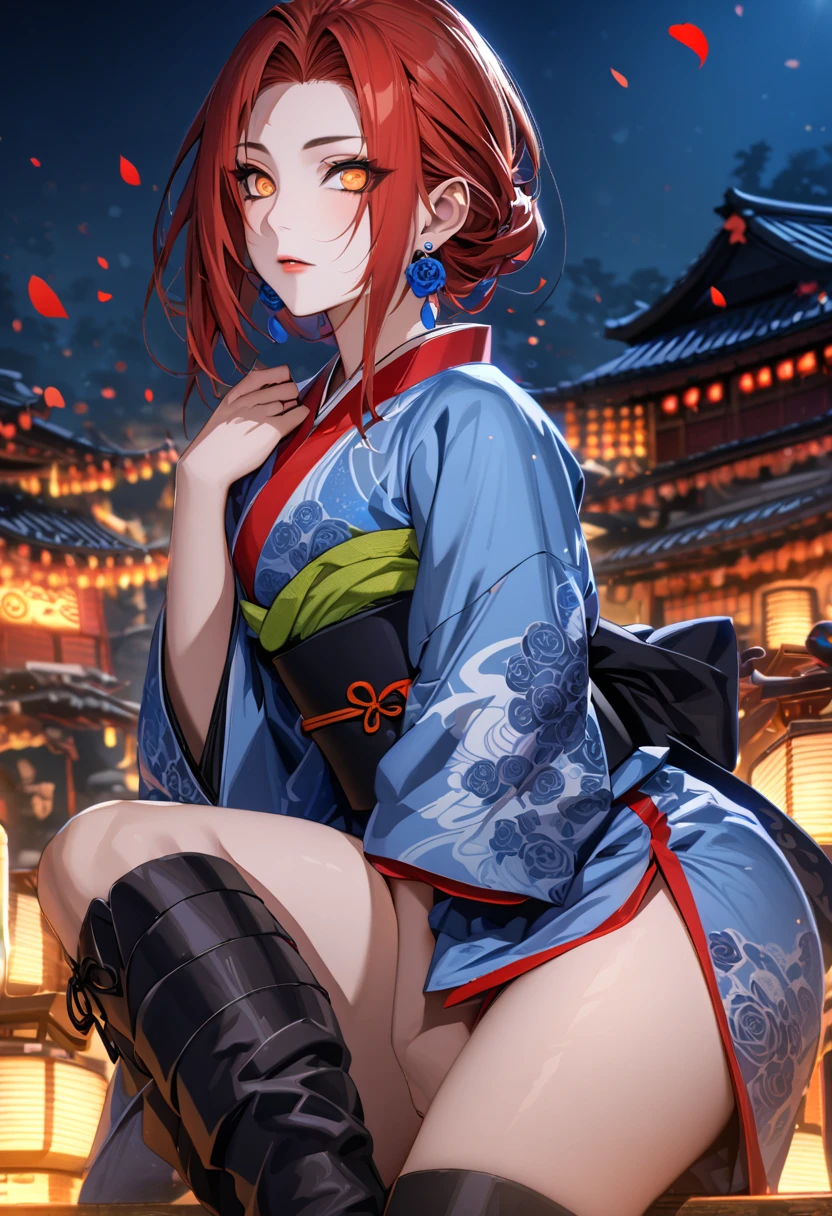 masterpiece, Highest quality, (Realistic, One girl, alone, Beautiful Face, Detailed face, Beautiful Eyes), (chest), Thighs, Long Hair, ponytail, 巨大なchestには, red, Ninja, Ninja Artist, Exposing shoulders, Elbow hand pockets, skirt curtain, Hand fan, fan
