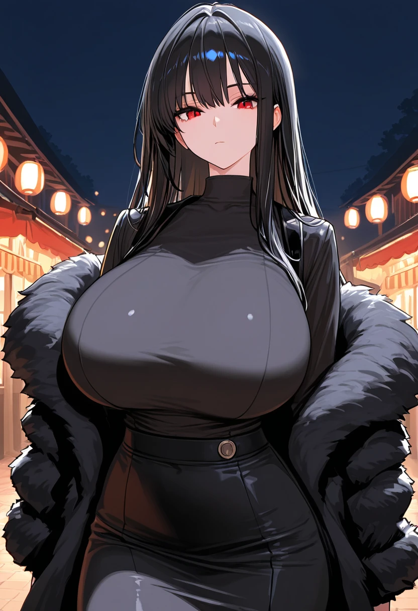 1girl,solo,long hair,black hair color,white mask,White coat,huge breasts,slender,Alley,very near