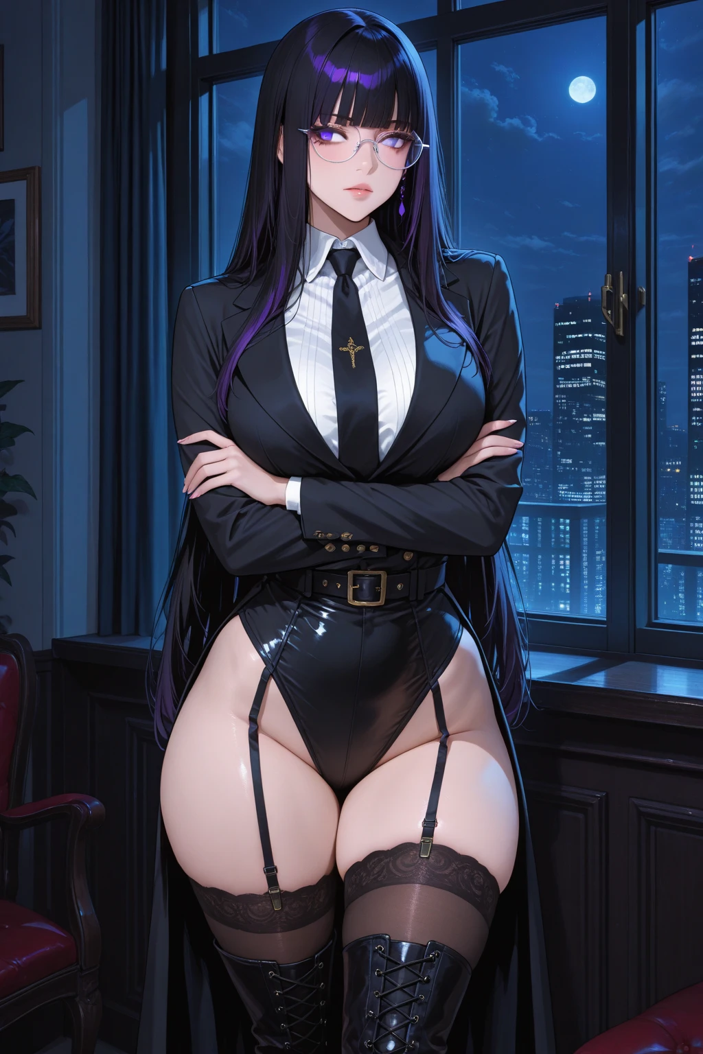 Whole body diagram,Super sexy pictures,Long black hair,Sexy figure,Dark black stockings,A woman in a purple dress, , Detailed anime artwork, Woman in short purple skirt,detailed anime art,