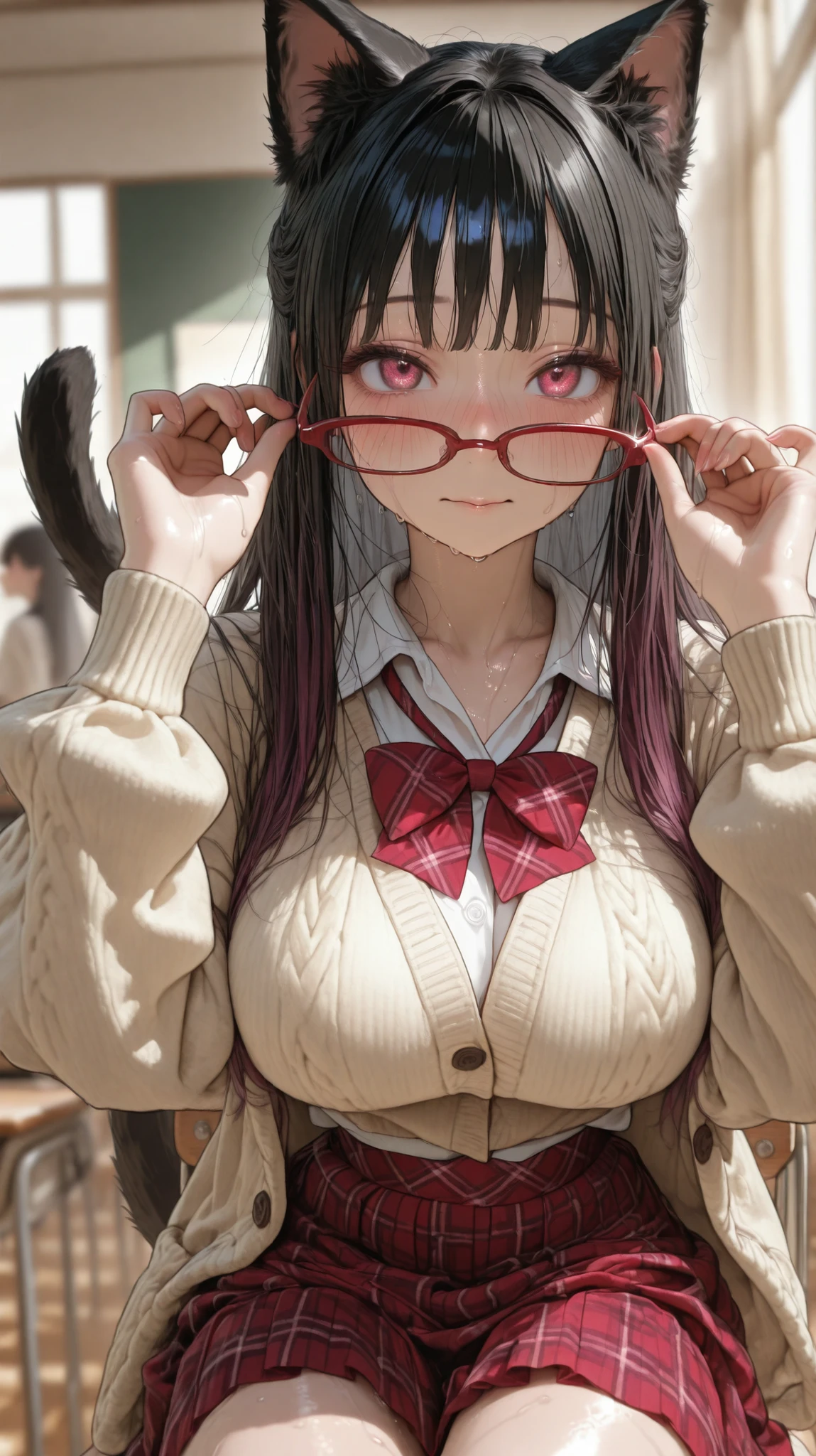 masterpiece, 最High Quality, High Quality, very aesthetic, Newest, Detailed Scenery, Rich lighting, depth of field,((( dark haired)))、long hair、bangs、Princess Cut、waterfall hairstyle、Cat ears、cat tail、Red Purple Eyes、beige cardigan、Baggy cardigan、plaid skirt、red pleated skirt、red ribbon from below、young face、big breasts、eyesHD、high gradient eyes、detailed eyes、high definition eyes、Pointed Breasts、short stack、((holding glasses in front of face))、Holding glasses with both hands、 red glasses、short stack,glossy skin、Young face、Embarrassing Expression、((blush))、(sweat)、Estrus period、chair doing peace ️、face up、Face gaze、5 anatomically accurate fingers、school background、classroom、evening、