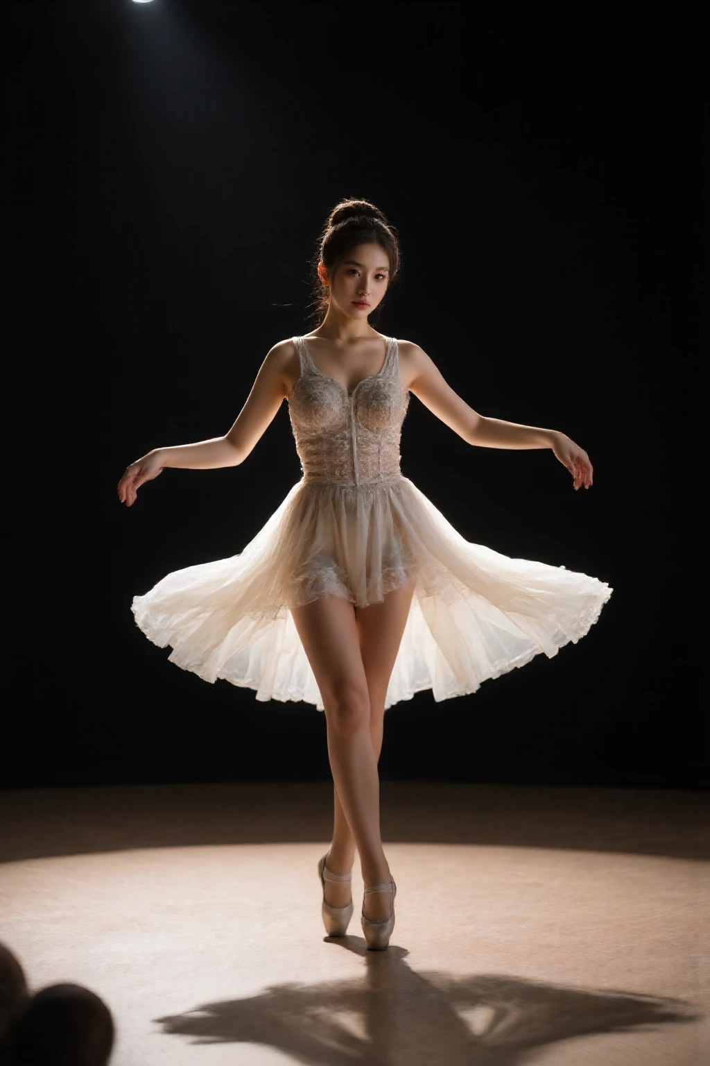 n elegant chinese lady is dancing ballet on a classical stage, wearing a clean white ballet lace skirt, the skirt flutters naturally, vintage, aestheticism, 1girl, solo, ,masterpiece, high quality, highres, absurdres, high details,8k,HDR,raw photo,realistic, bokeh, shallow depth of field, beautiful eyes, high detail eyes, beautiful face, high detail face, high detail skin, beautiful hands, beautiful fingers, beautiful eyelashes, (full body:1.8 ), dark and simple background, horizon, profile, raise head