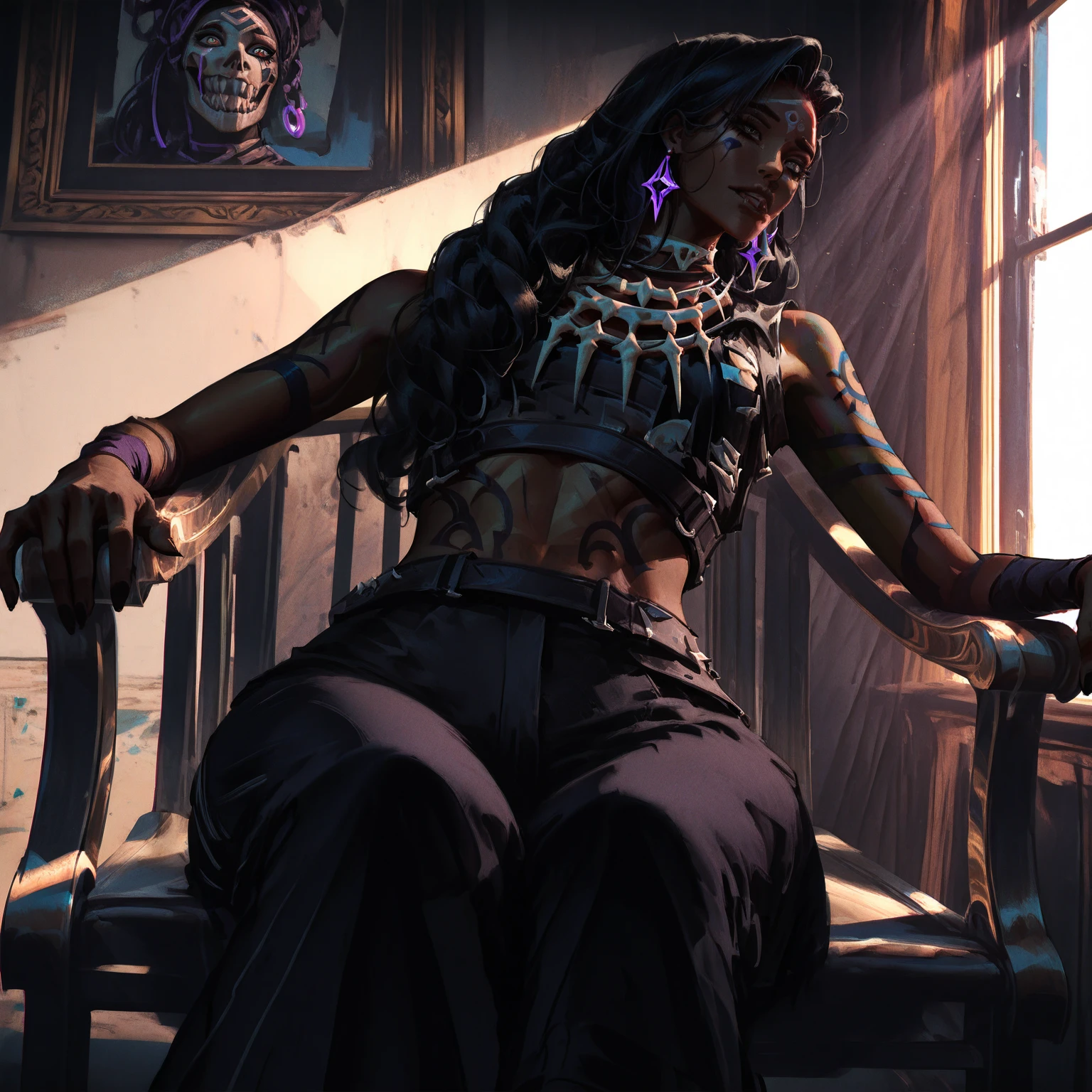 ((Benevolent ((dark-skinned Haitian)) (goth) high-end lawyer)) with (long braided grey hair) sitting in an opulent chair while reading a mystic tome, henna tattoos on arms and legs, wearing golden bracelets and thigh high stockings, plump thighs, high quality photo, sitting next to window at desk of lawyer's office during golden hour, visible stretch marks and cellulite