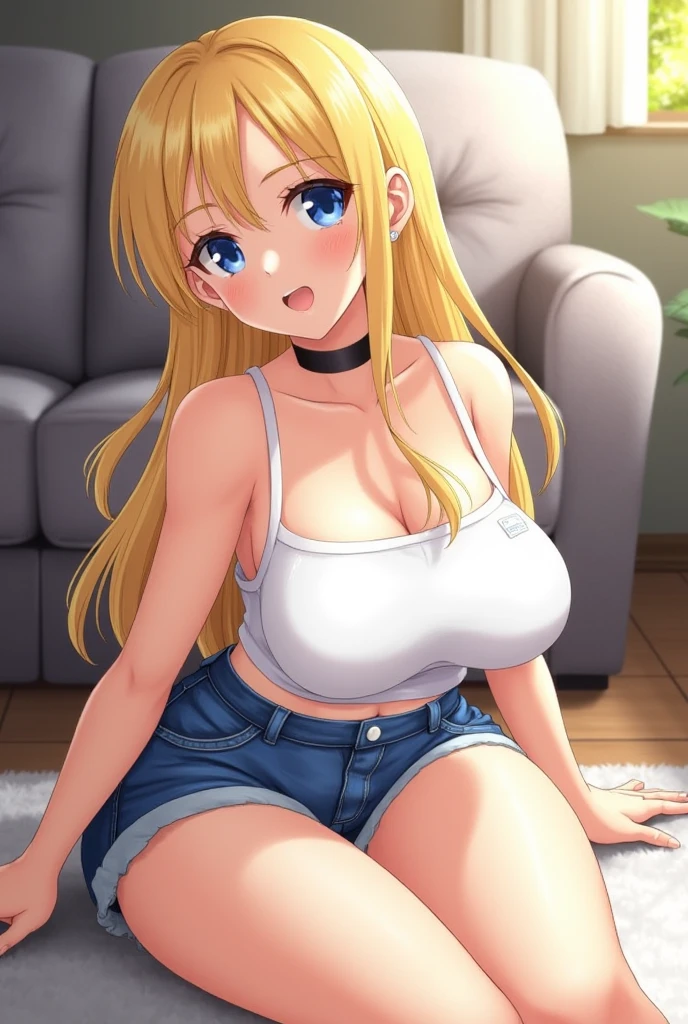 (masterpiece, Best Quality:1.2), absurdities, perfect ???????, owtech, stylized, 1 girl, full body, looking at the viewer, blunt bangs, ( Denim shorts:1.1), Focus only, Soft lighting, (blue eyes), blonde hair, very long hair, twintails, Airi Akizuki, medium breast, she is kneeling, no bra, nipples, His arms are over his head, his hands are tied, bdsm,