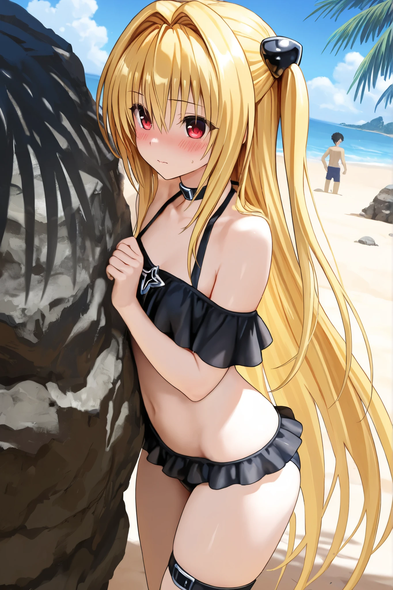 NSFW,masterpiece,Highest quality,High resolution,Super detailed,oshino shinobu \(Bakemonogatari\),Golden Eyes,Blonde,Long Hair,High quality micro bikini,Daytime beach,Palm tree,Oho face,Embarrassed,fear,blush,(Leg spread),orgasm,Climax,(Squirting),(Ahegao),Roll your eyes、squint,One man,Having sex,Creampie,,Are standing,Leaning forward,From the back