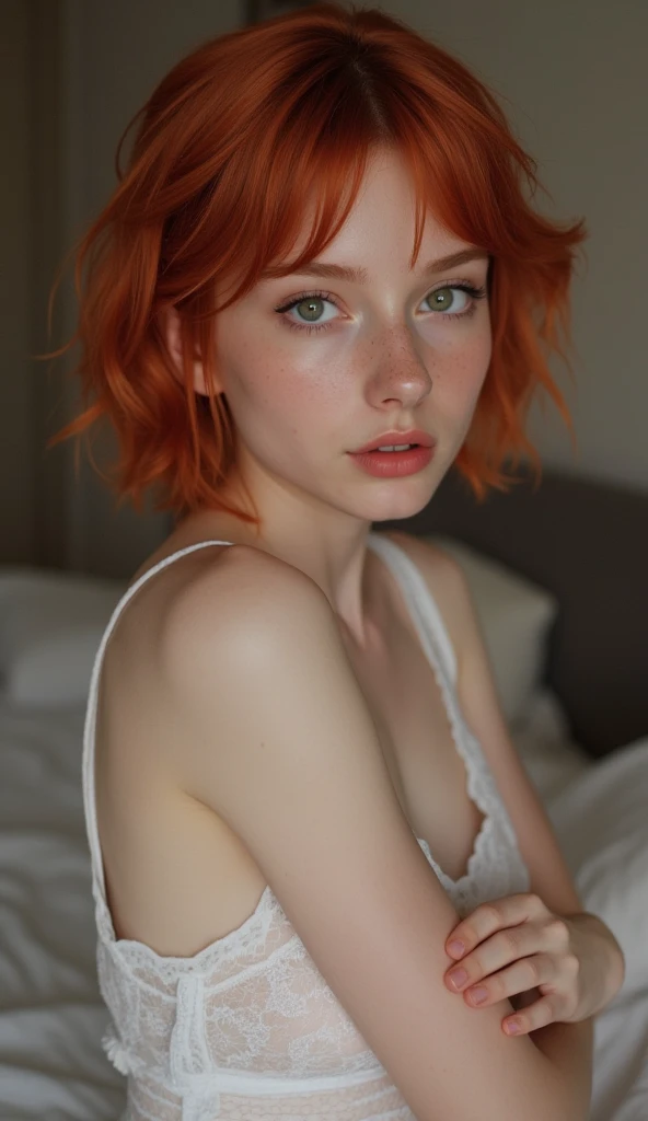 Top Quality, (vivid lighting: 0.7), Masterpiece, Shot from a large angle, RAW photo (Pale 15-year-old Irish woman, looking up at the viewer), Cute, (undressed, disheveled, with bright red matted hair), (sitting), full-length portrait, a perfect face, Mesmerizing eyes, Vivid details, pouting lips, (high skin detail), freckles, small breasts, (blue tint: 0.6), (Dirty: 0.8), (bloody: 0.7), Key Lighting, (back light: 0.5), Medium depth of field, Canon 5D, 50mm lens, f/4 aperture, (Ultra-detailed, Complex Detail), sharp-focus, soft colors, 8K, Absurd, 8mm Film Grain, military photography,flirting with camera