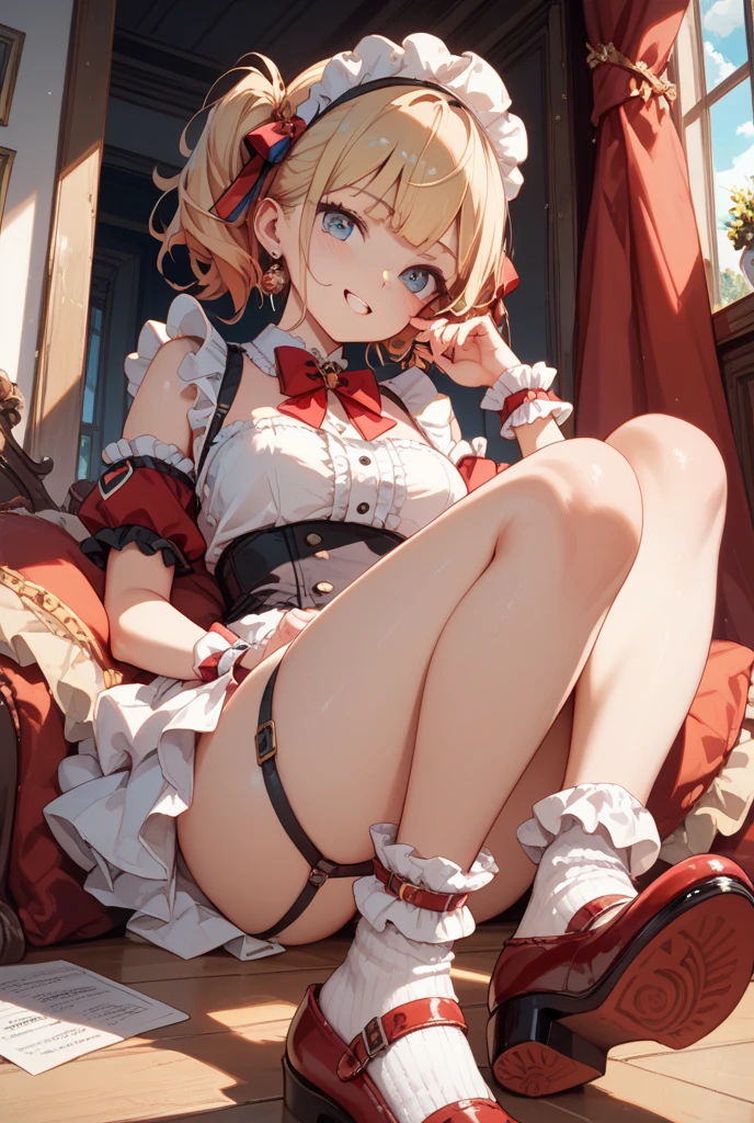 (Best image quality, masterpiece:1.2), (Ultra high definition illustration), (Browsing Caution), (Very cute princess:1.3), (1 girl:1.2), alone, (Shoot from very low:1.3) ,(Condescending look:1.3) Browsing Caution, No sleeve, Underarm, Put your arms behind your head, Embarrassing, close your eyes, (No sleeve gorgeous queen red dress with roses:1.3), Sit on the throne chair, Queen's Crown, Showing her dirty panties, whole body, Round baby face, (Glasses, blonde short cut), (White thigh-high pantyhose:1.2), (Wicked Smile, Mean face, Mesgaquismiles), Luxurious palace room, Fancy Room, RPG Royale, (Wide-spread legs) Beautiful feet,
