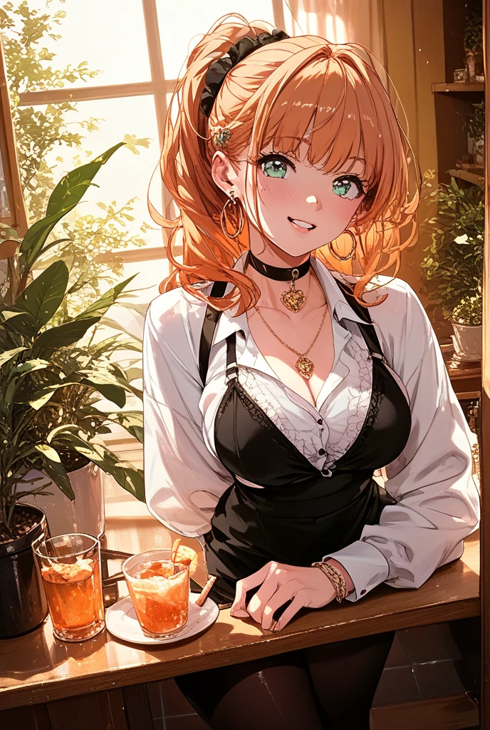 Orihime inoue, bleach, 1girl, solo, maid dress, meidofuku, maid uniform, maid, black thighhighs, breasts, cleavage, pleated skirt, hair between eyes, long hair, hair ornament, looking at viewer, messy hair, orange hair, solo, thighhighs, thighs, long hair, ((masterpiece)), standing, sexy pose, blush, shy, smile, closes mouth, cafe, table, food, drink, chair, indoor, serving cafe, taking cafe order,