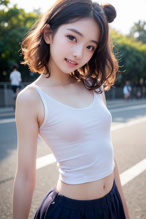 Incredibly cute girl,Super cute 16 year old girl、White skin、(Wearing a tank top with loose sides)、 Professional Lighting、Tokyo Street,night, Streetscape,City lights,Upper Body,close,smile,, (8k, RAW Photos, Highest quality, masterpiece:1.2),(Realistic, photo-Realistic:1.37),Please lift your skirt、I can see your pants、