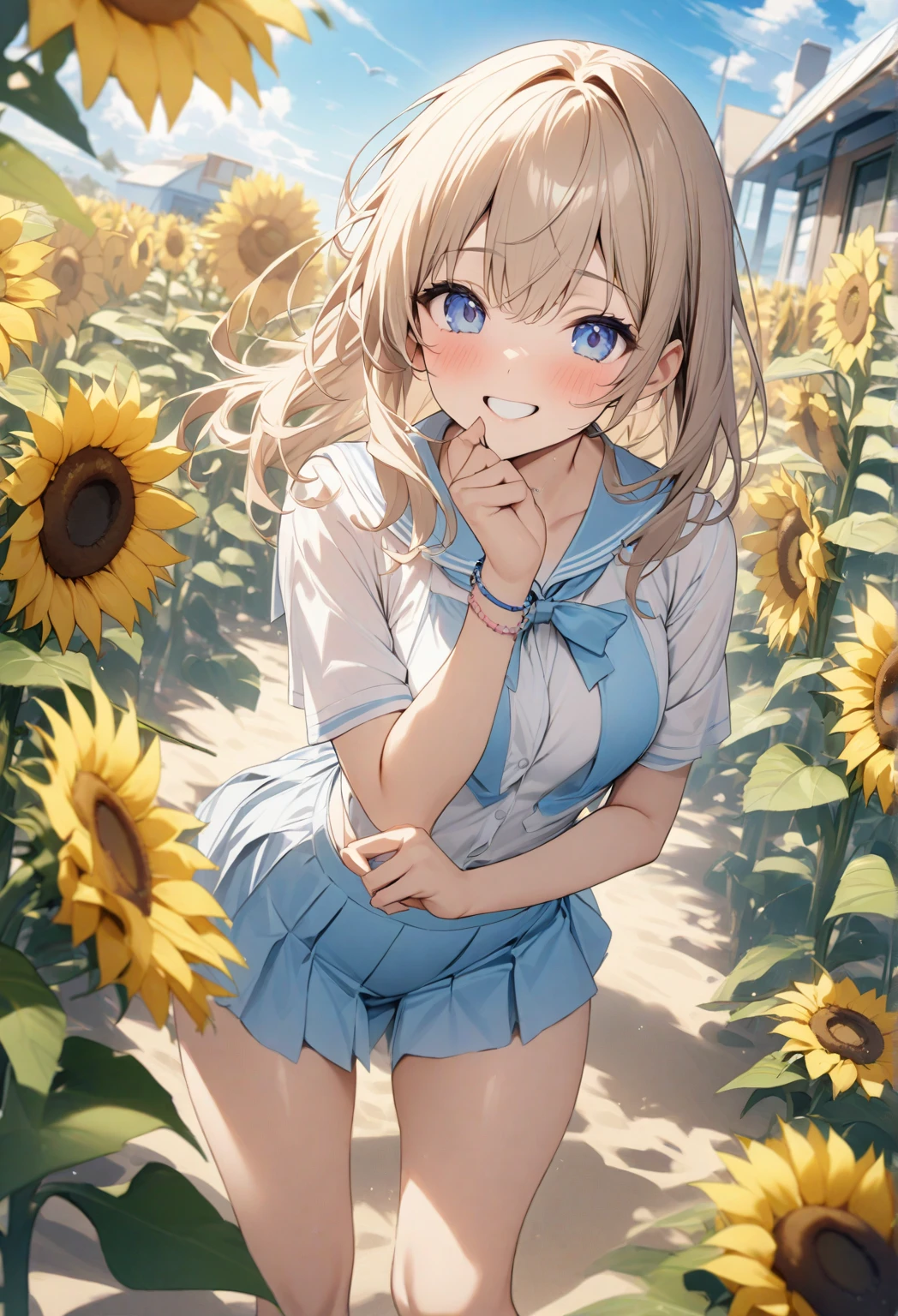beautiful girl、noon、rain、Kyoton Face、umbrella、countryside、Sunflower field、umbrellaを開いている