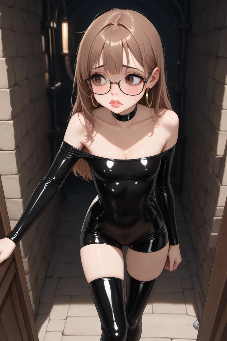 Highest quality, RAW Photos, Realistic, face, Incredibly beautiful girl, cute, length Hair,ponytail，Glasses，Written boundary depth, High resolution, Super detailed, detailed, Very detaileded, extremely detaileded eye and face, Sharp pupils, Realistic students, Sharp focus, Cinema Lighting, Japanese, Short Woman,  Physical build, Arms are short, length, Narrow eye, Fleeting atmosphere, 10 years old, Brown Bob Hair, ((thin lips)), White swimsuit, masterpiece, Highest quality, Detailed skin, Detailed face, fine grain, 8K, Excellent ???????, Full body portrait，flat breasts, small breasts, small,( small bust: 1.2), small bust, (slim, small, flat, small), thin, Delicate and sexy collarbone, One Girl, (beautiful girl, Delicate girl:1.3), (10 years old:1.3),
(((masterpiece,Highest quality,in 8K,Very detailed,High resolution,Anime Style))),
One girl,(Maid),making eye contact,(kneeling down at viewer'Foot and looking up at viewer:1.5),foot_Far apart,(Crouching in front of the viewer:1.1),from top to feet:1.3,Squat with your audience;Foot,((Open your mouth, squint_eye:1.2)),full-face_blushed,Sweaty_odor,(sodden face and sodden chest),full-face_blush,face_concentrated,leather_dog_Collar with chain:1.2,((Chained_bondage)),(Immerse up to the skin),latex_Bloomers:1.2,グrace,Plea,swing_chest,
(grotesque_Marine blue_latex clothing:1.12),race,(drunkenness),completely beautiful Japanese face,double eyelid, Double eyelashes,Lip detailed,carefully render the textures of skin and hair,perfection_teeth:1.3,short_Bob_hair,
,clean_white_floor,Glasses,