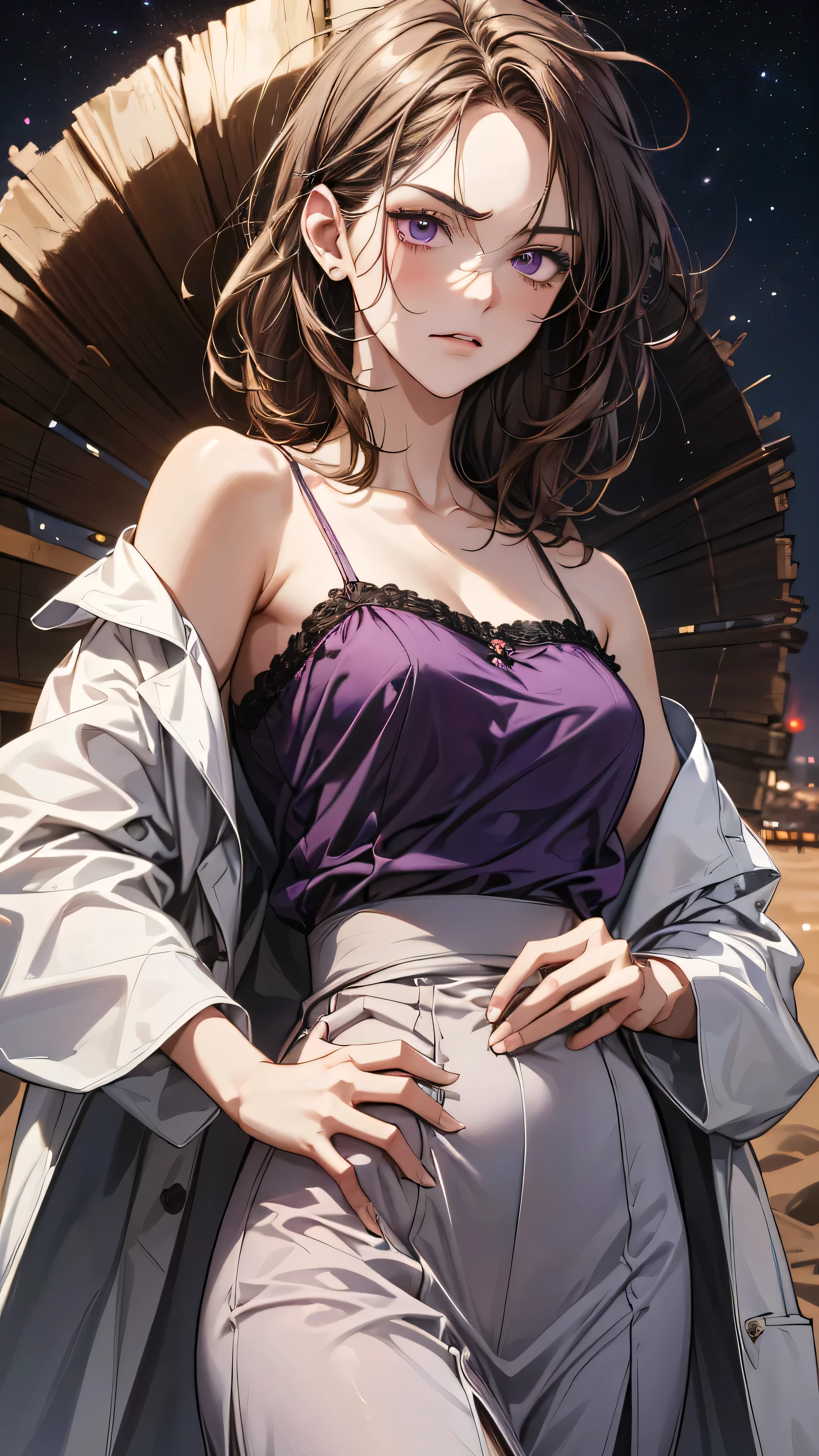 Masterpiece, Excellent, 1 Female, Solo, Long Hair, Brunette Hair, Feathers, Closed Mouth, Bare Shoulders, Cleavage, Light Smile, (Seated: 1.3),