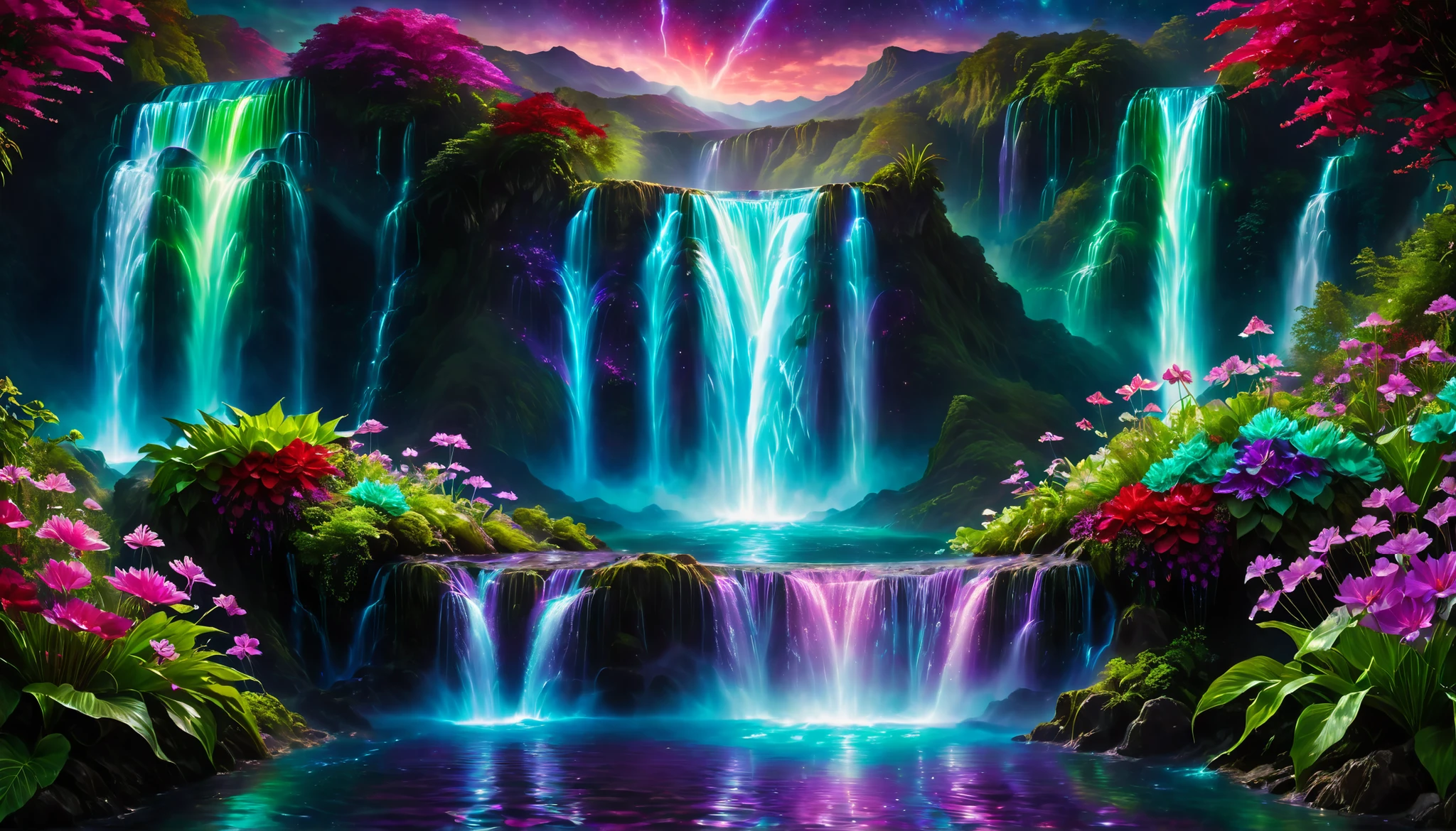 Shiny purple |Pink|turquoise green ｜blue waterfall amongst strange magic flowers, At night, glowing fairy lights , magic, High quality fairyland waterfall, Realistic Water, ripple, 8k,(A mysterious and majestic large waterfall that can be seen behind:1.5),landscape photos of the most beautiful countries in the world,(big blue, purple, red, and green flowers are in full bloom:1.5),