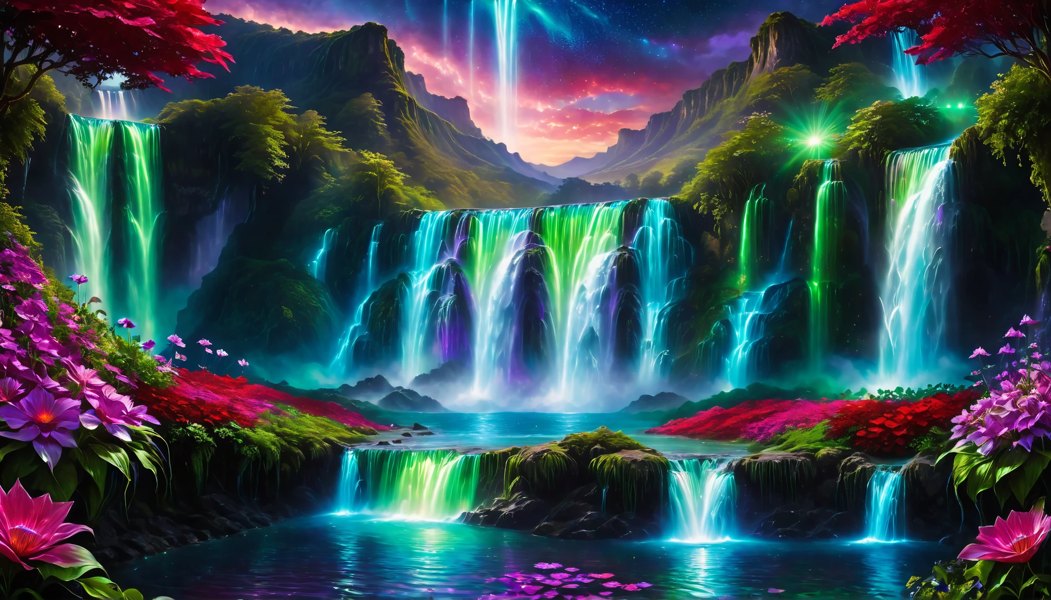 Shiny purple |Pink|turquoise green |blue waterfall amongst strange magic flowers, At night, glowing fairy lights , magic, High quality fairyland waterfall, Realistic Water, ripple, 8k,(A mysterious and majestic large waterfall that can be seen behind:1.5),landscape photos of the most beautiful countries in the world,(big blue, purple, red, and green flowers are in full bloom:1.5),