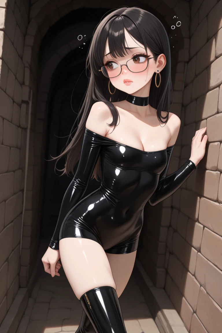 (masterpiece, best quality), 1girl, messy hair, choker, black silk pajamas, see-through, glasses, <lora:add_detail:1>