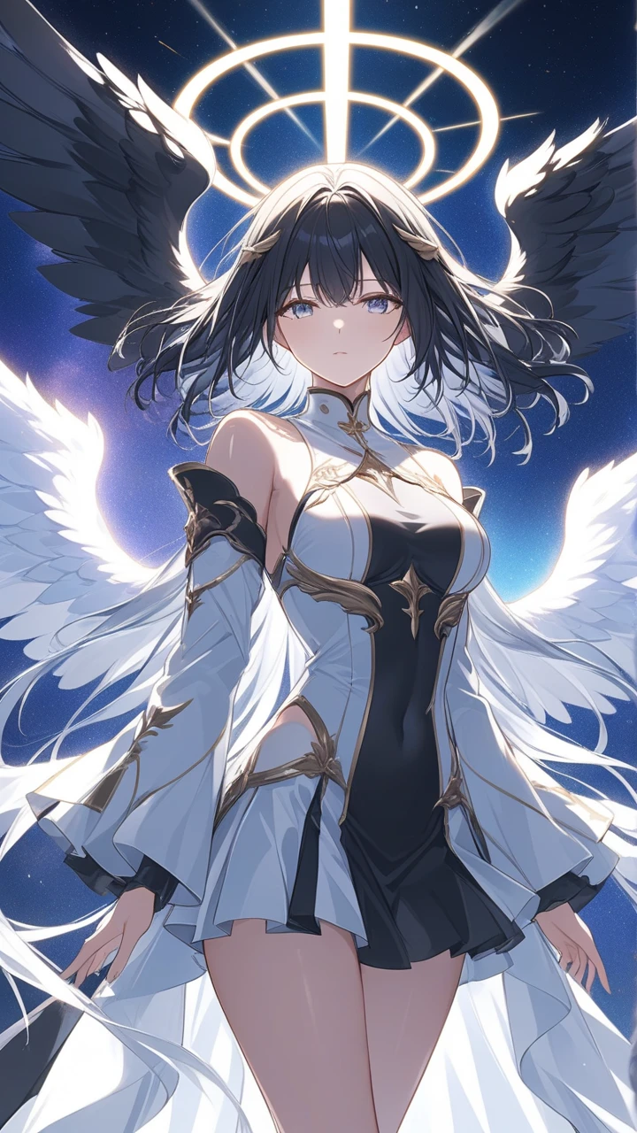 Masterpiece, top quality anime illustration, super detailed, one girl, solo focus, beautiful girl, purple eyes, with black angel wings, , black hair, long hair, smiling, 