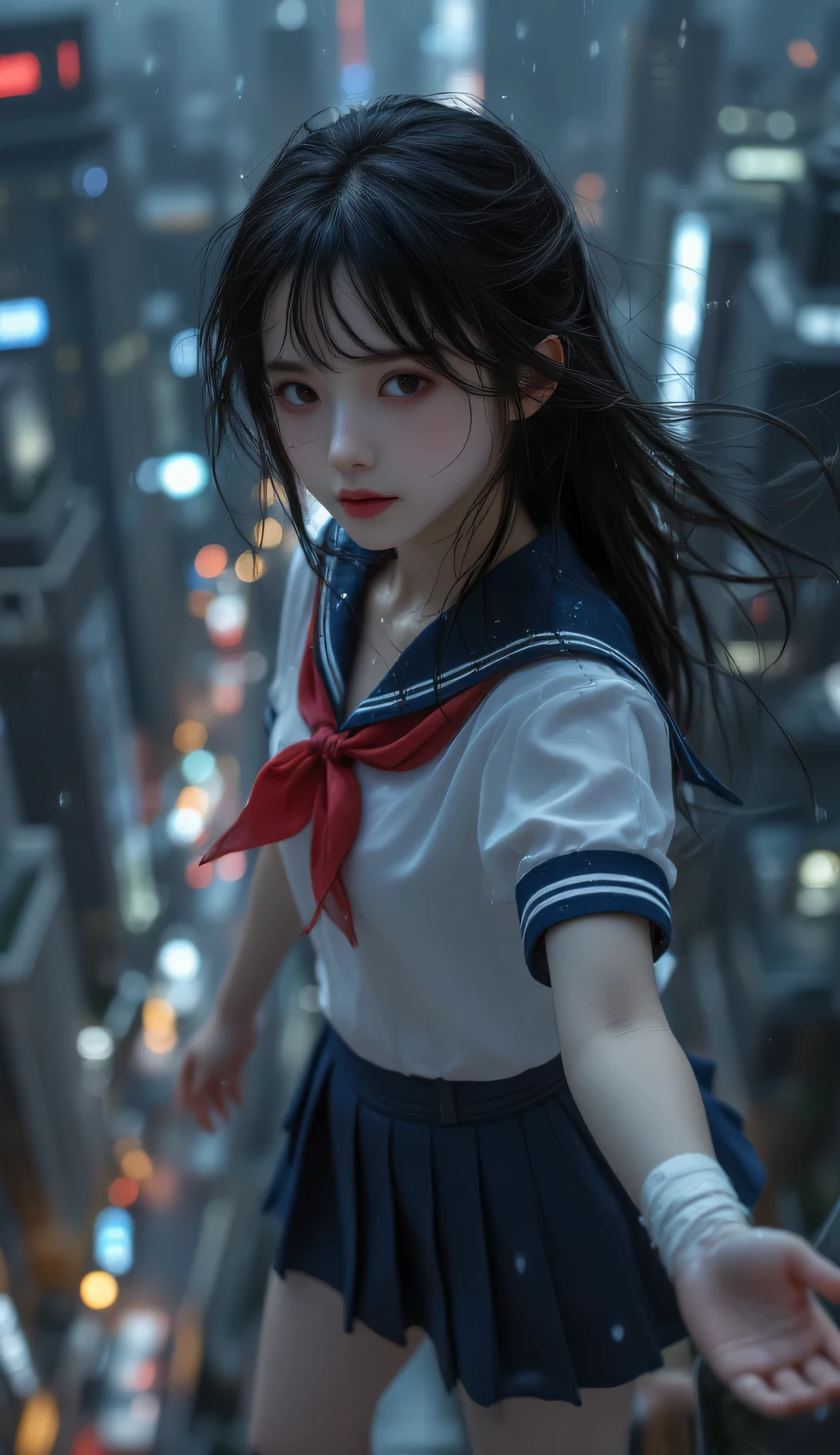 ((A world of delusion)), ((Highest quality)), ((masterpiece)), (detailed), ((very detailed face)), High resolution photograph, ((full body portrait)),
(Junior high school girl, 14 years old, she is wearing a short-sleeved white sailor uniform with a navy blue collar and a red scarf, navy blue mini pleated skirt, black loafers), sexy seduction, perfect hot long hair, beautiful black hair, her body shape is like a model, (professional lighting), looking at the camera, bandage on right arm, small chest, perfect face, beautiful expression, beautiful face, beautiful eyes, beautiful girl, flying like Batman with arms and legs spread from the rooftop of a building at night, looking at the girl from the ground, you can see her brave face, skyscraper street at night in a big city, heavy rain is falling, movie scene, (rain-soaked clothes), detailed background,